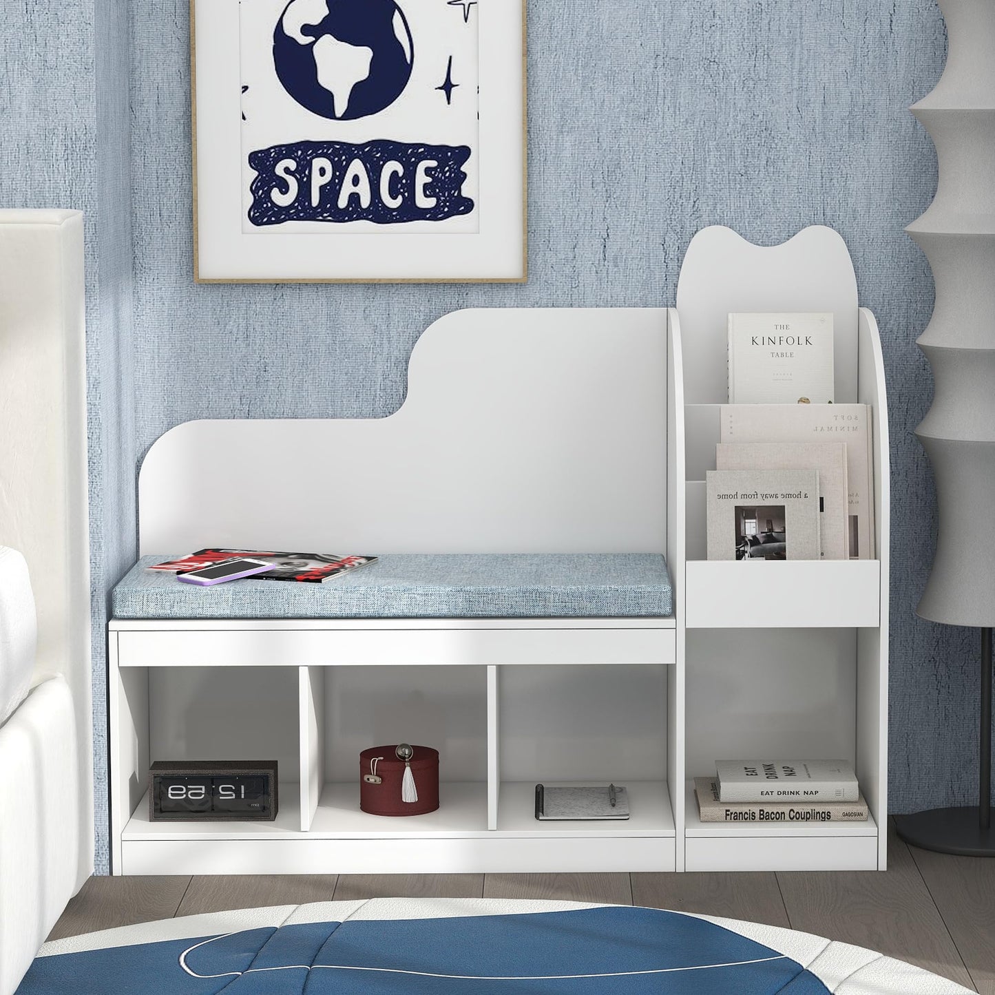 TaoHFE Reading Nook for Kids with 4 Storage Cubes and Cushion, Kid Bench with Kids Bookshelf and Toy Storage, Multifunctional Kids Reading Nook for Living Room, Kid Room, Nursery, White
