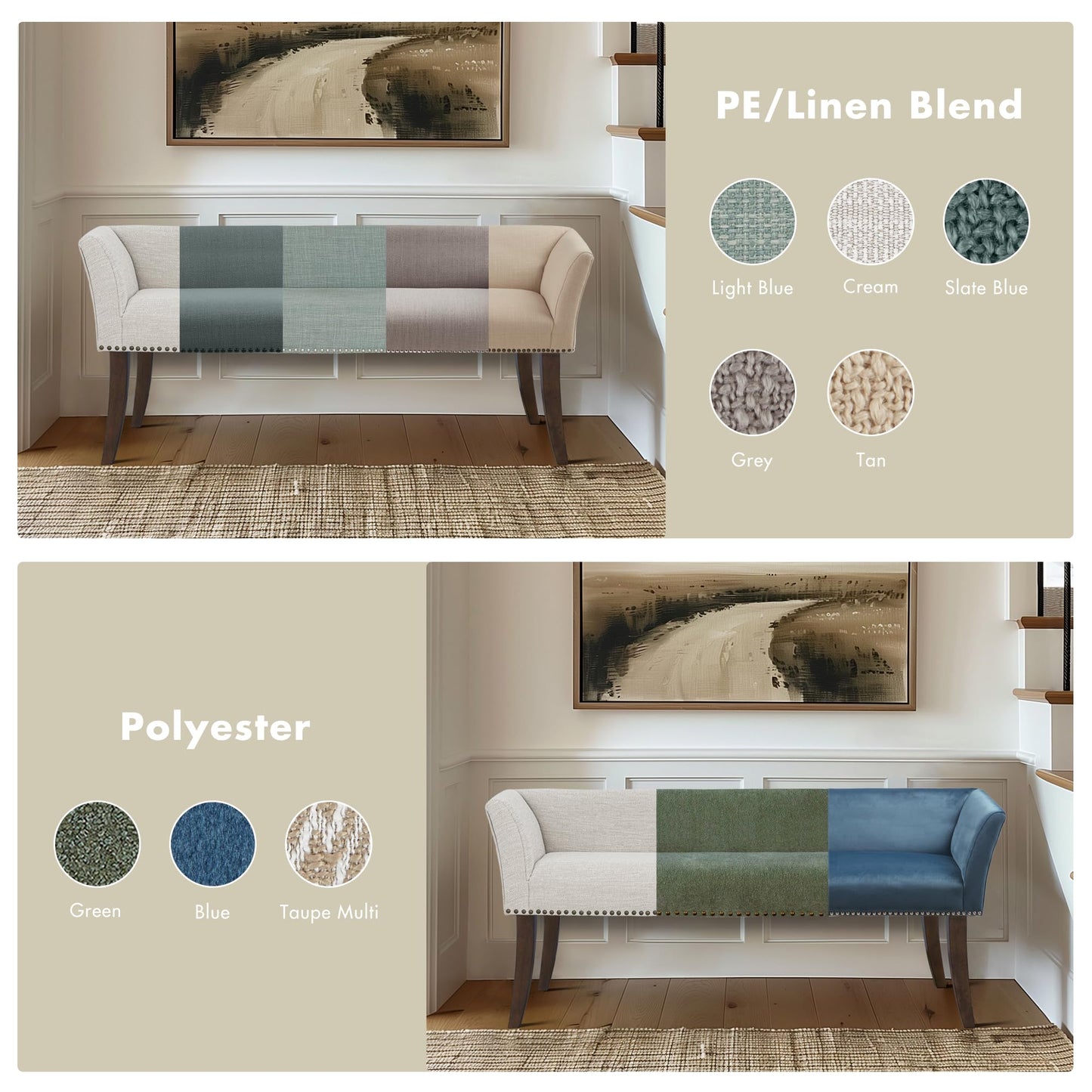 Madison Park Accent Bench for Living Room, Upholstered with Nailhead Trim, & Padded Seat Entryway Bench Small, End of Bed Bench with Back, 49.5" W x 19.25" D x 23" H, White Cream