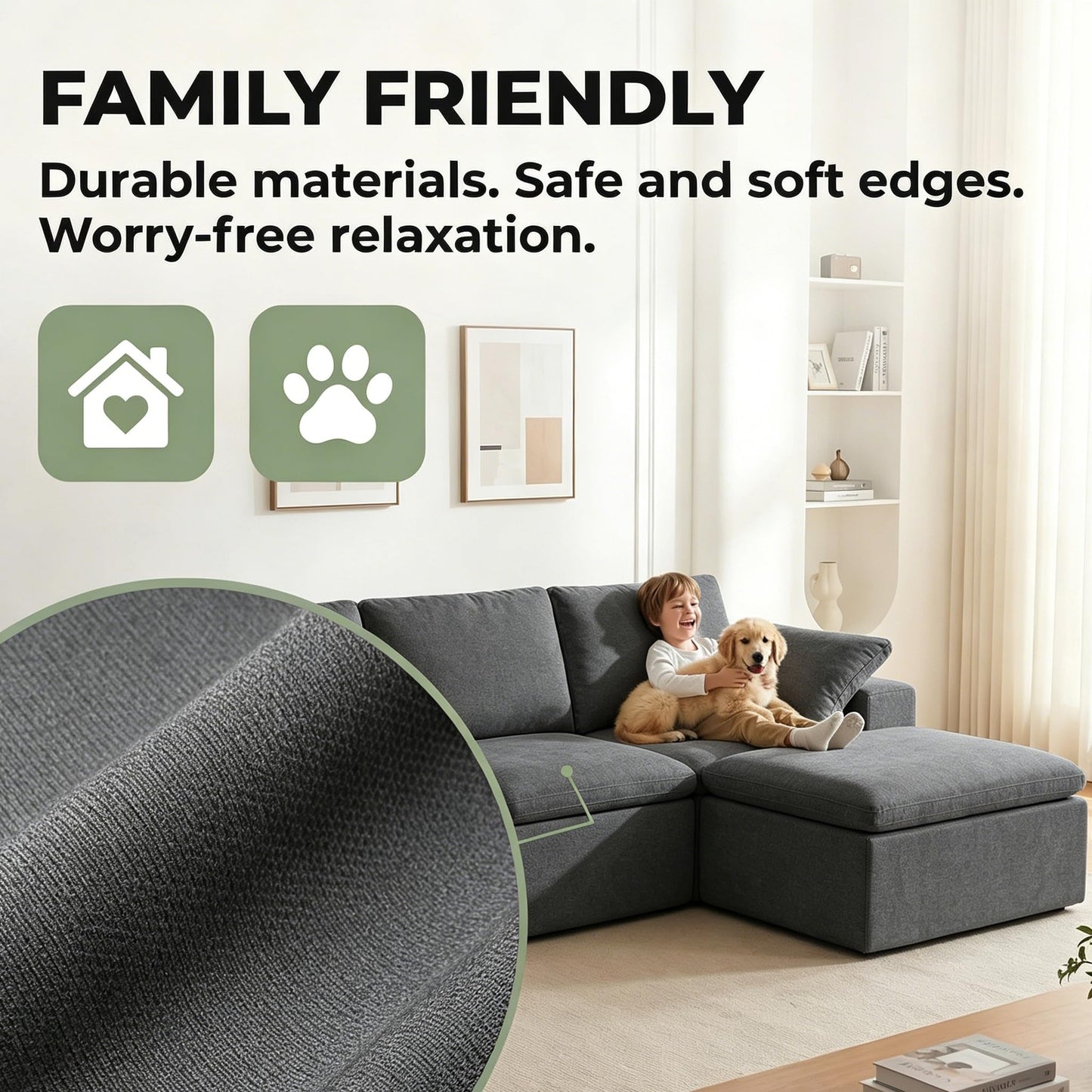 Nigoone 108" Sectional Couches for Living Room, Adjustable Sofa Backrest, Modular Cloud Sofa with Ottoman, Convertible L Shaped Boneless Couch, 4 Seater, Dark Grey Chenille, No Assembly