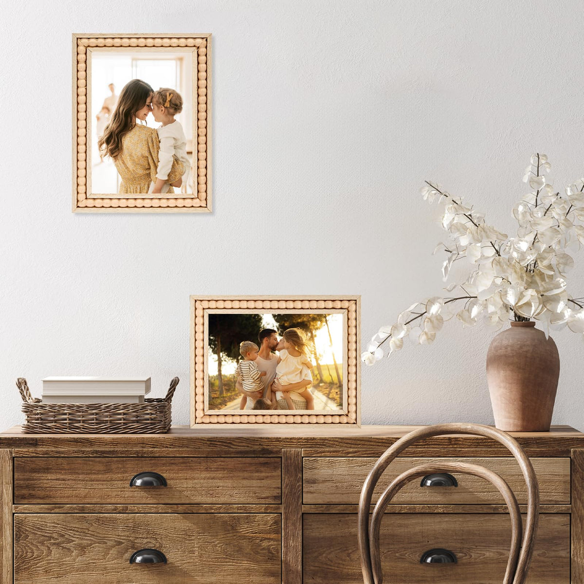 OMISHE Wood 5x7 Picture Frame with Decorative Beads for Wall Decor or Tabletop, Boho Rustic Handcrafted 5 x 7 Frame with Shatter Resitant Plexiglass, Natural
