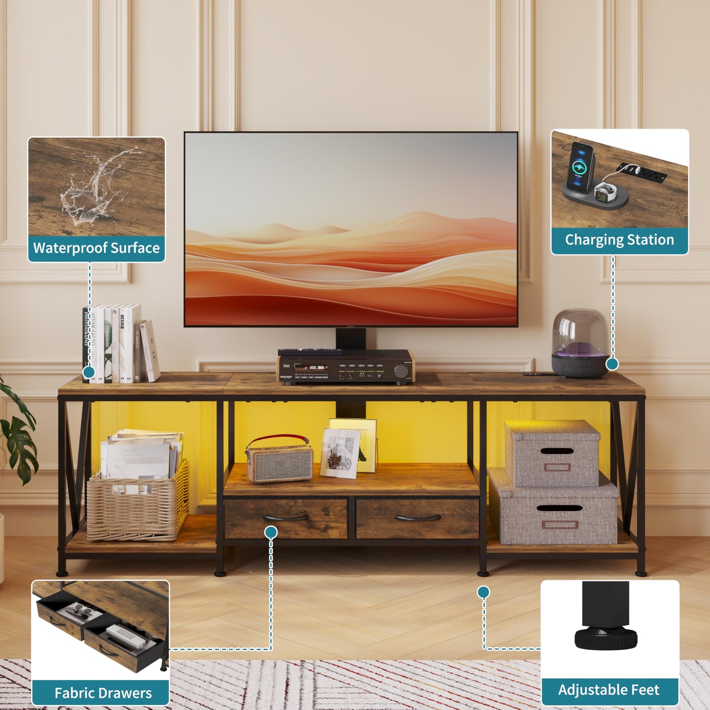 NinPeen 63" W TV Stand with Mount for 55,65,75" TV,Entertainment Center with Power Outlet&Led Lights,Height Adjustable TV Console Table with Open Storage Shelves&Fabric Drawers (Rustic Brown, 63“W)