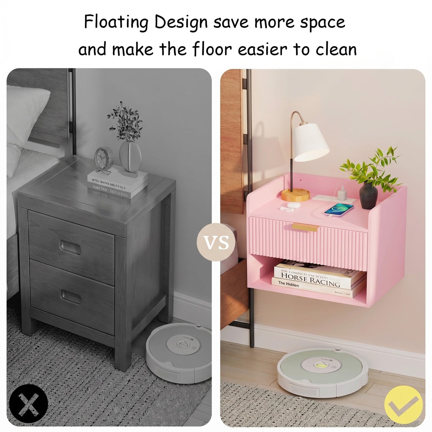 Arbuxzuy Floating Nightstand Set of 2 with Charging Station, Modern Wall Mounted Bedside Table with Drawer & Open Shelf