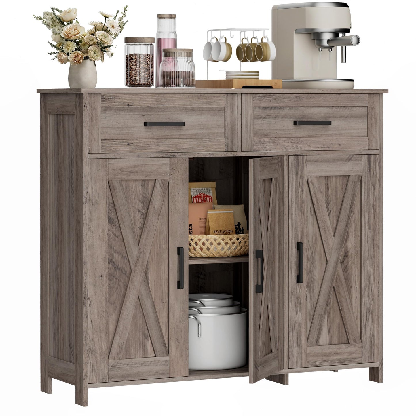 Homhedy Sideboard Buffet Cabinet, Coffee Bar Storage Cabinet with Drawers and Doors, Farmhouse Kitchen Cabinet with Adjustable Shelves, for Kitchen, Dining Room, Living Room, Greige