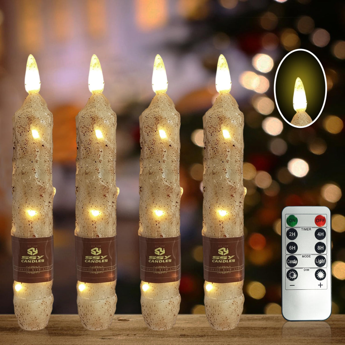 6.5 inch Natural Wood Color Flameless Taper Candles LED Flickering with 10-Key Remote, Battery Operated Led Warm 3D Wick Light Window Candles Real Wax Pack of 4, Christmas Home Wedding Decor