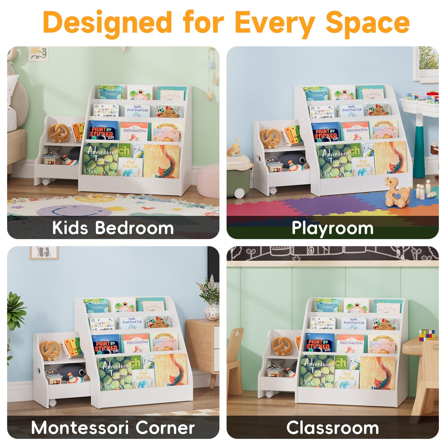 2-in-1 Montessori Kids Bookshelf - Toddler Nursery 4 Tier Wooden Kids Book Shelf, Display Book Shelf for Kids Rooms, Children Bookcasewith Toy Rolling Cart, for Toddler Nursery, Playroom & Classroom