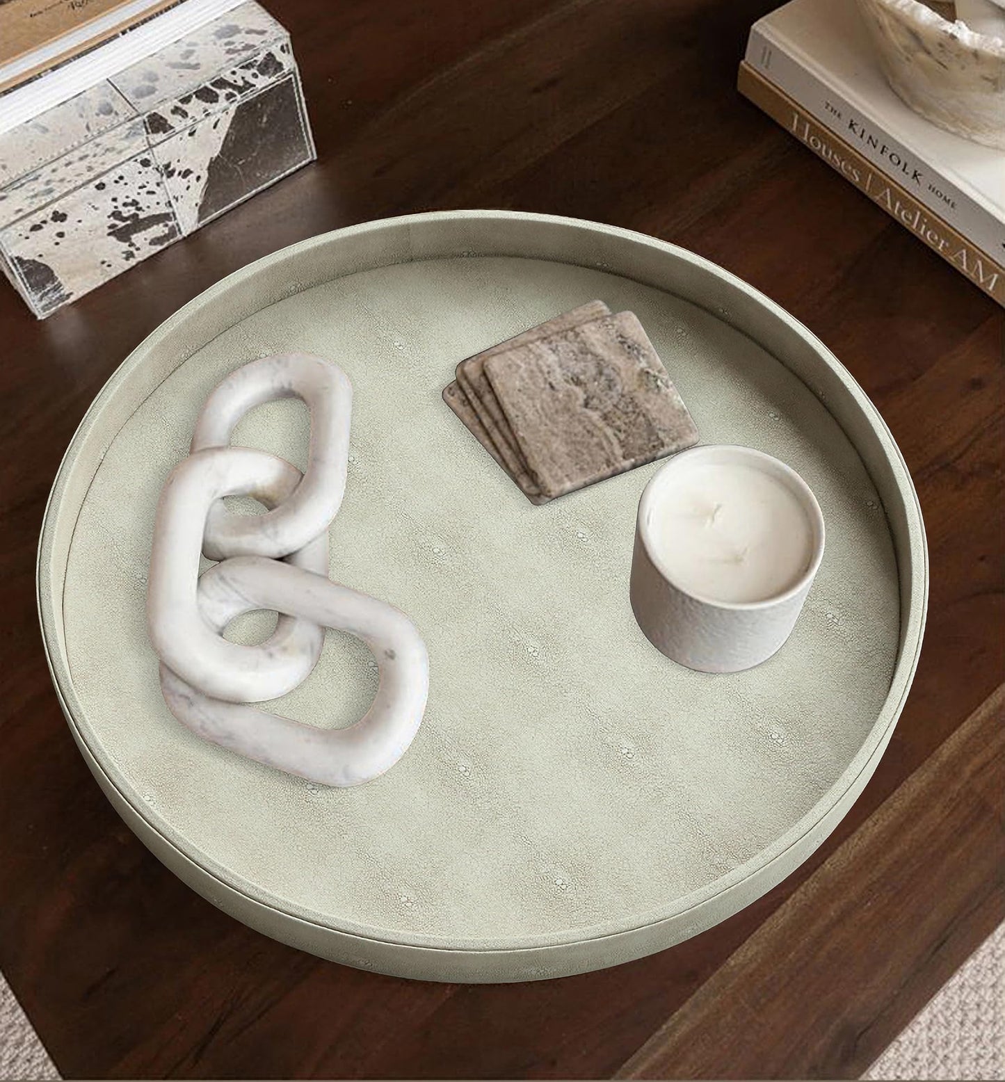 HofferRuffer Large Round Serving Tray 24'', Elegant Faux Leather Circle Ottoman Table Tray, Serve Tea Coffee Breakfast in Bedroom Living Room Kitchen (Cream White)