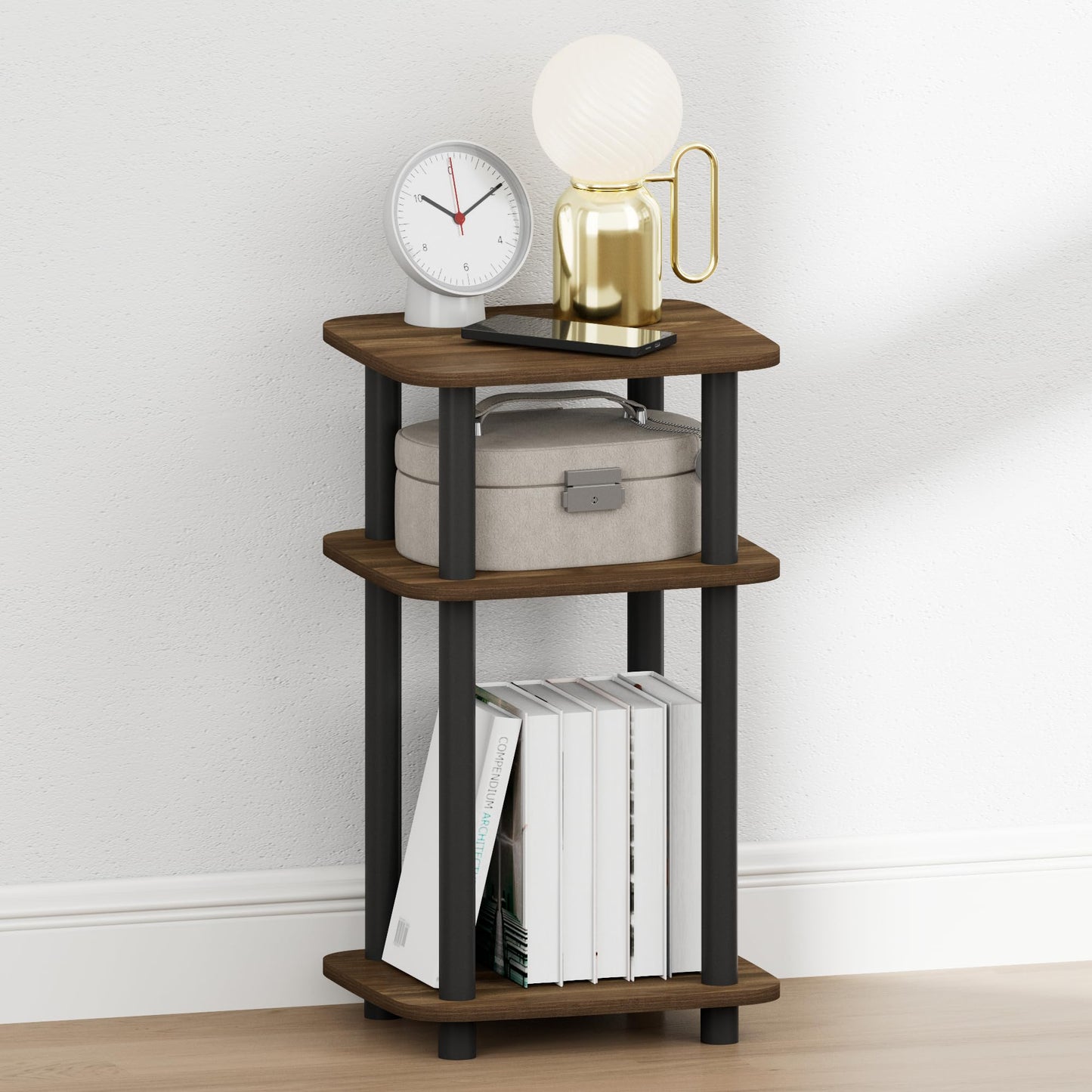 Furinno JUST Night Stand, 3-Tier Turn-N-Tube Nightstand with Open Shelf, Round Curve Corner Side Table, End Table, Easy Assembly, for Living Room, Bedroom, Columbia Walnut