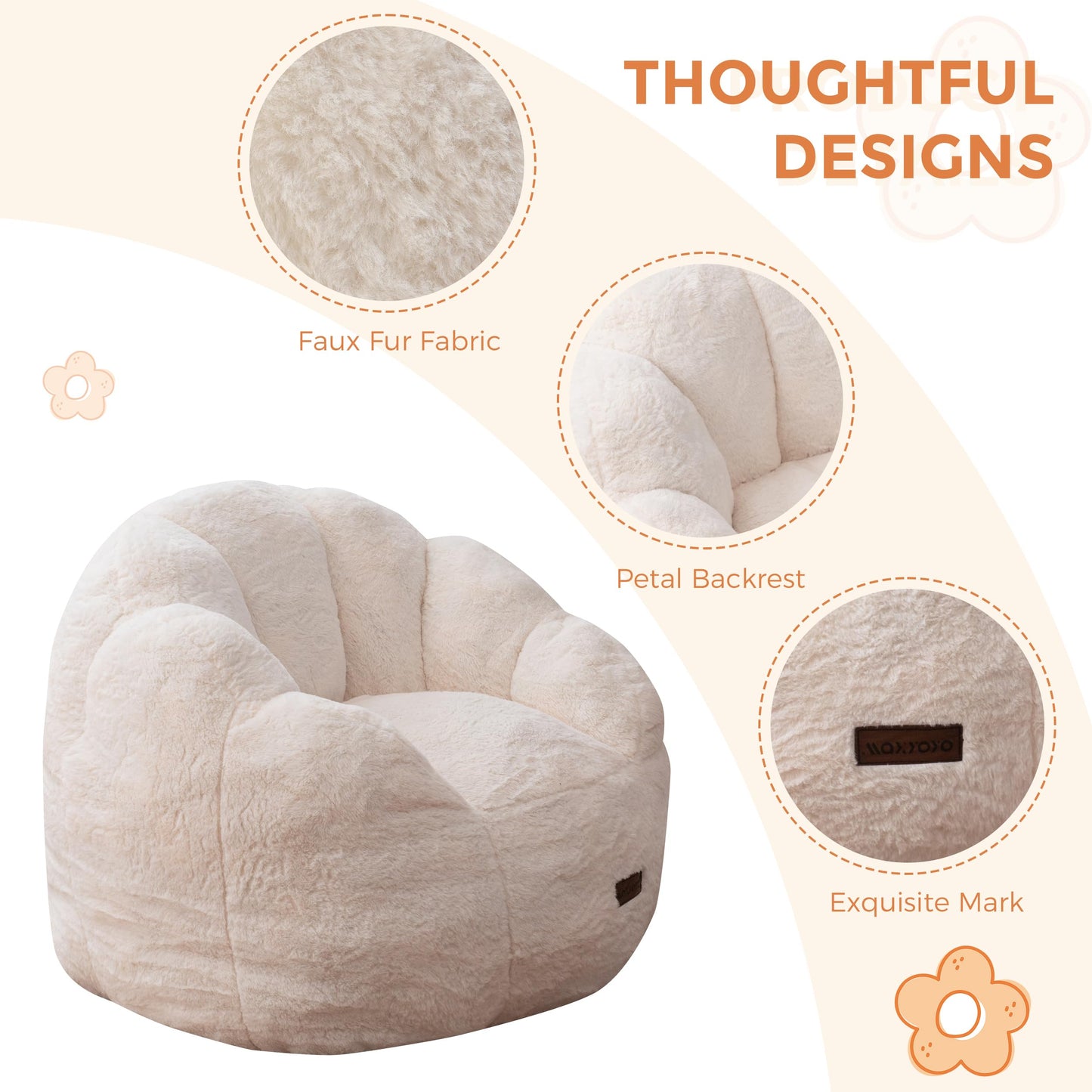 MAXYOYO Kids Bean Bag Chair, Floral Shaped Bean Bag Sofa, Plush Faux Fur Toddler Couch with Petal Backrest for Boys Girls, Stuffed Cozy Sofa for Nursery, Bedroom, Beige