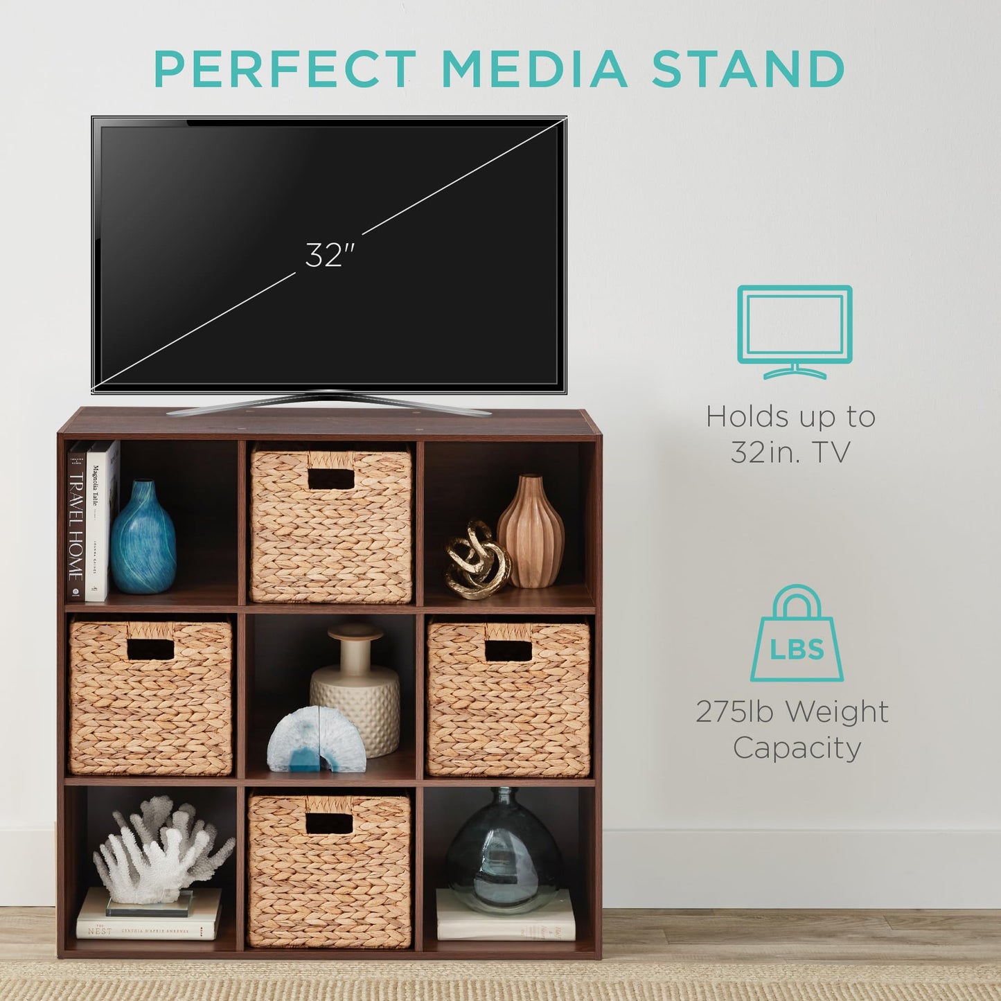 Best Choice Products 9-Cube Storage Organizer, 11in Shelf Opening, Bookcase, Display Shelf, Customizable w/ 3 Removable Back Panels - Walnut