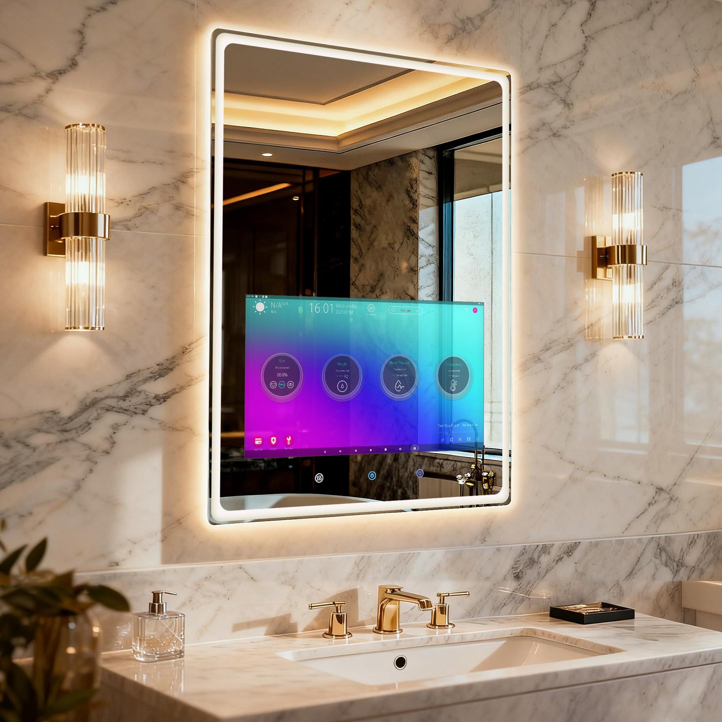 YOURYOKE 24×32 Inch Smart Vanity Bathroom Mirror with 21.5" Waterproof Touchscreen TV, Android OS, Weather Clock Date,WiFi/Bluetooth/HDMI, Anti-Fog, 3-Color LED Lights,Bedroom,Hotel&Spa Wall Mounted