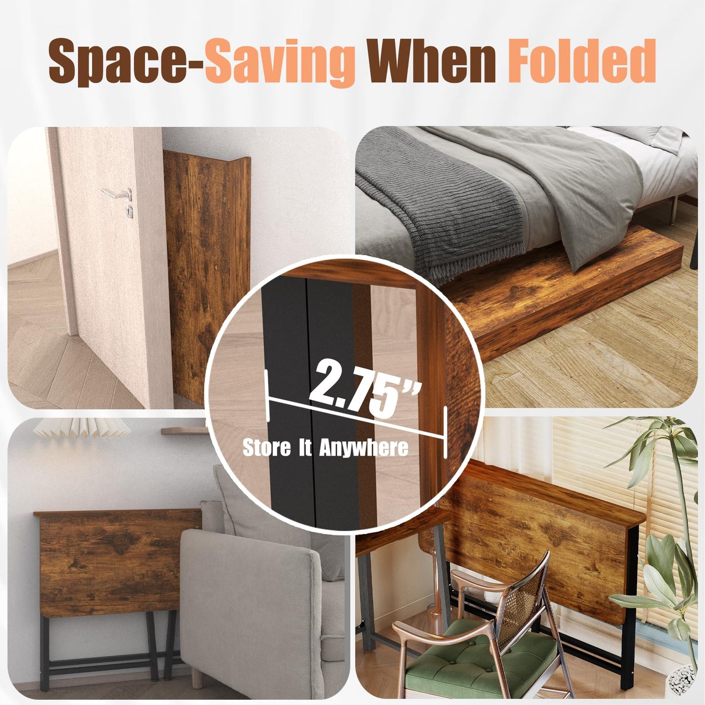huacz 31.5" Folding Desk for Small Spaces, Foldable Computer Table for Home Office, Study,Bedroom,Dorm,Craft, Space Saving,Small Writing Work Office Compact Computer Desk,Easy Assembly,Rustic Brown