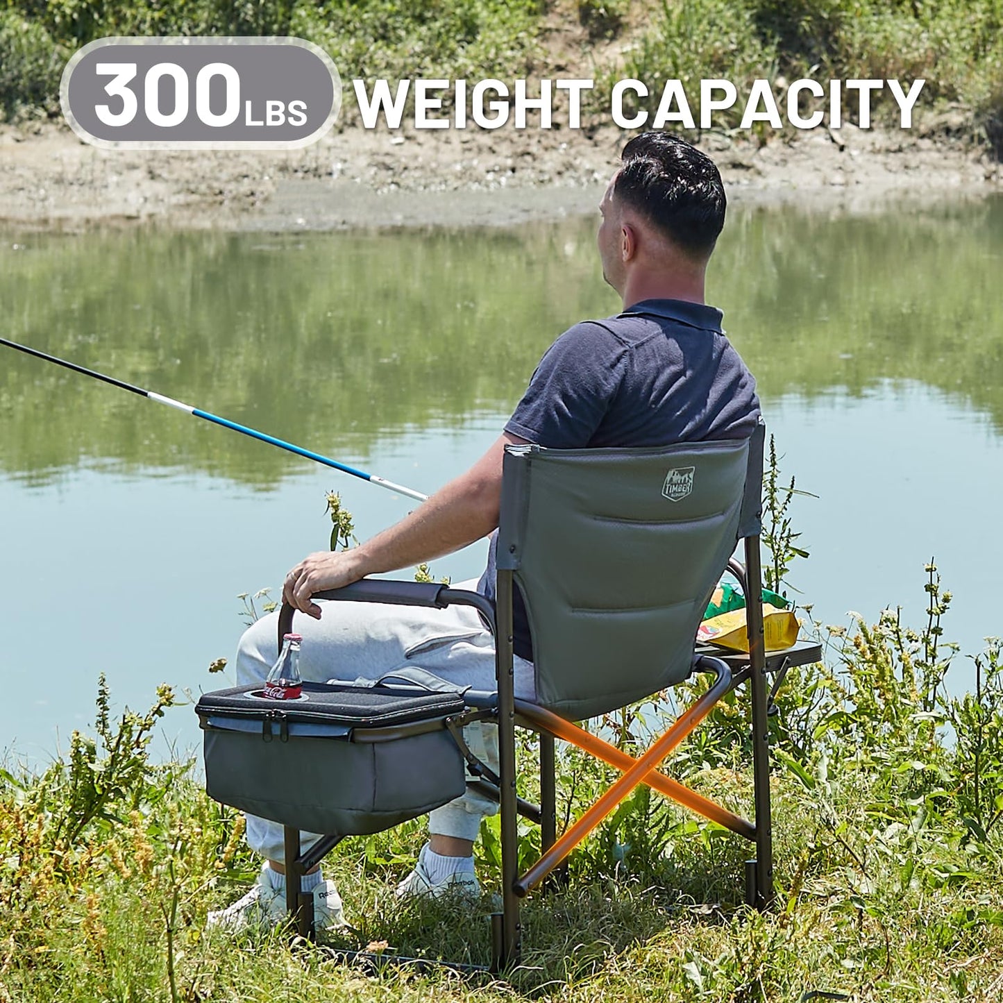 TIMBER RIDGE Lightweight Camping Chair, Portable Laurel Director's Chair with Foldable Side Table, Cooler Bag & Mesh Pocket, Compact Outdoor Folding Lawn Chair, Supports 300lbs, Grey