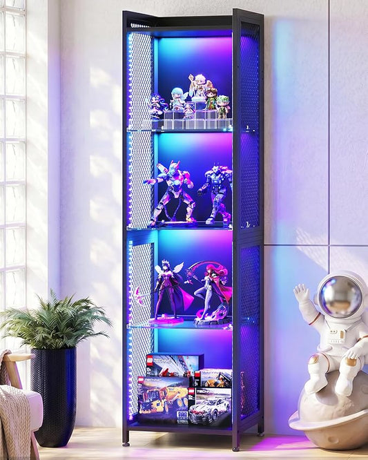 AODK Display Case with LED Lights, Display Cabinet with Open Glass Shelves
