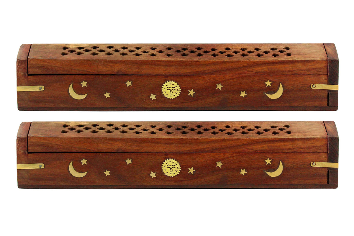 Sheesham Wood Incense Burner Holder - Set of 2 Coffin Style Sun Moon Inlay Handmade Aromatherapy Room Freshener Fragrance Cone Incense Stick Burner Ash Catcher - Zen Home Gift - 12x2x2 - COTTON CRAFT