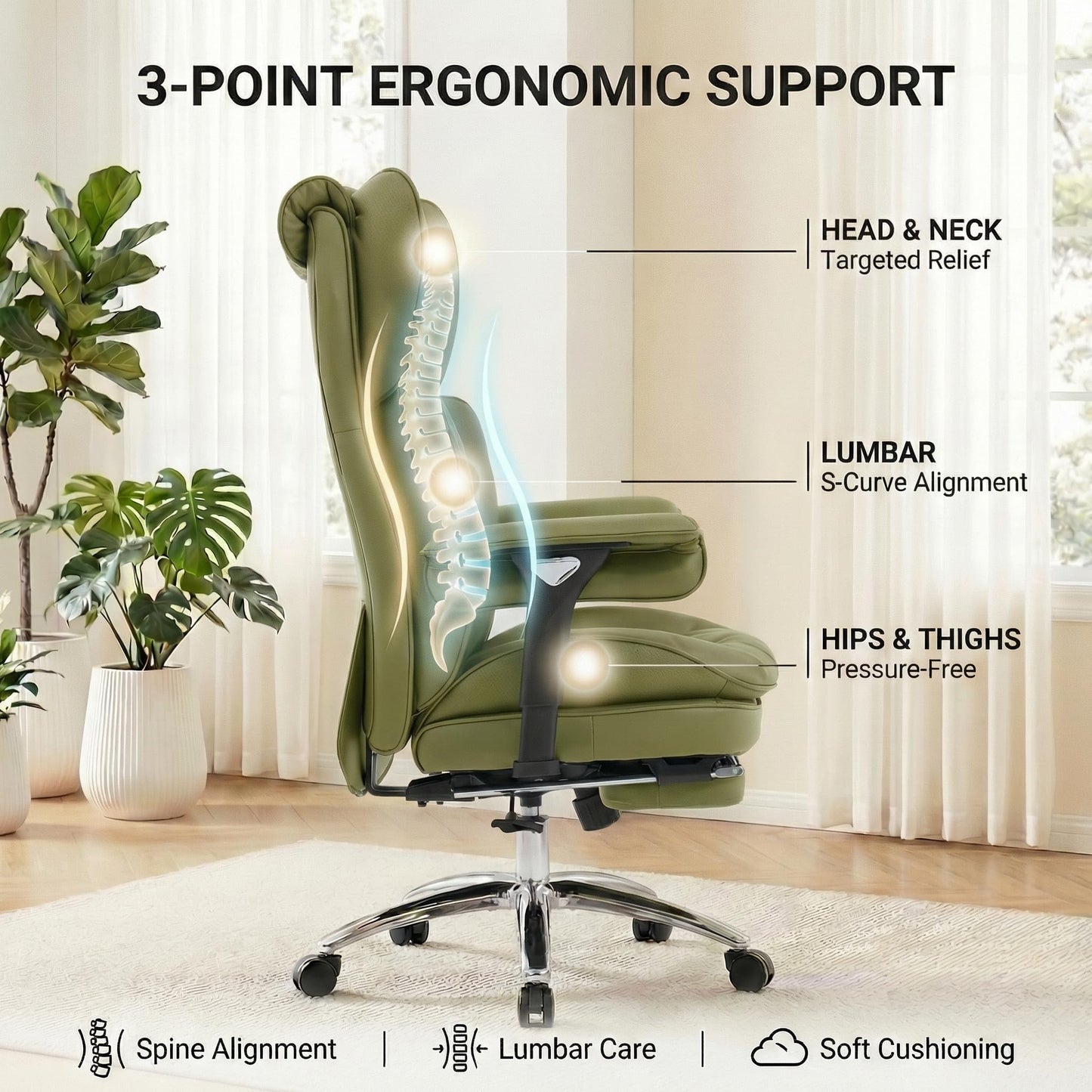 ATMILD Big and Tall Office Chair, 400lbs Heavy Duty Wide Seat Executive Chair with Footrest, High Back Leather Computer Desk Chair for Home Office (Green)