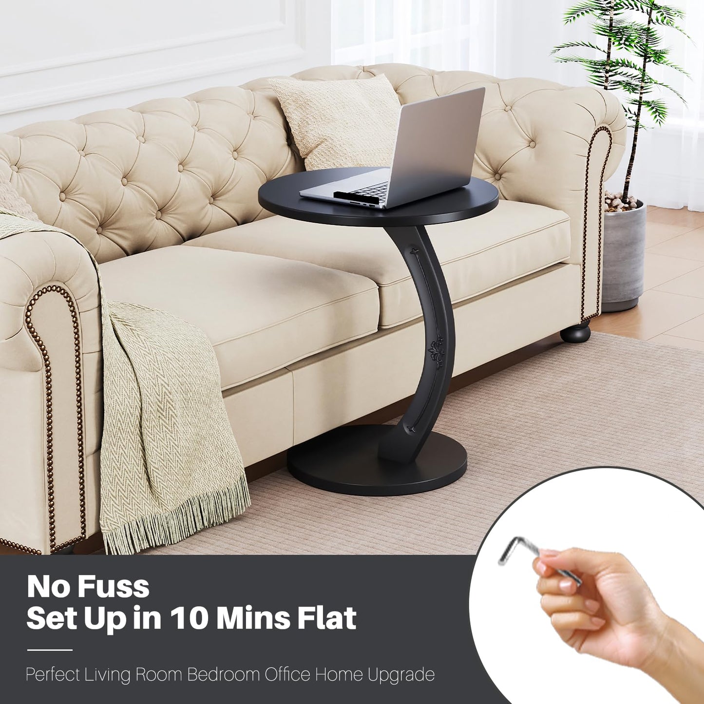 PlushVibes Round C-Shaped End Table - Small C Shaped Side Table for Couch/Sofa, Solid Wood Couch Tables that Slide Under Beside, Space Saving Tables Tray for Living Room, Bedroom, Small Space (Black)