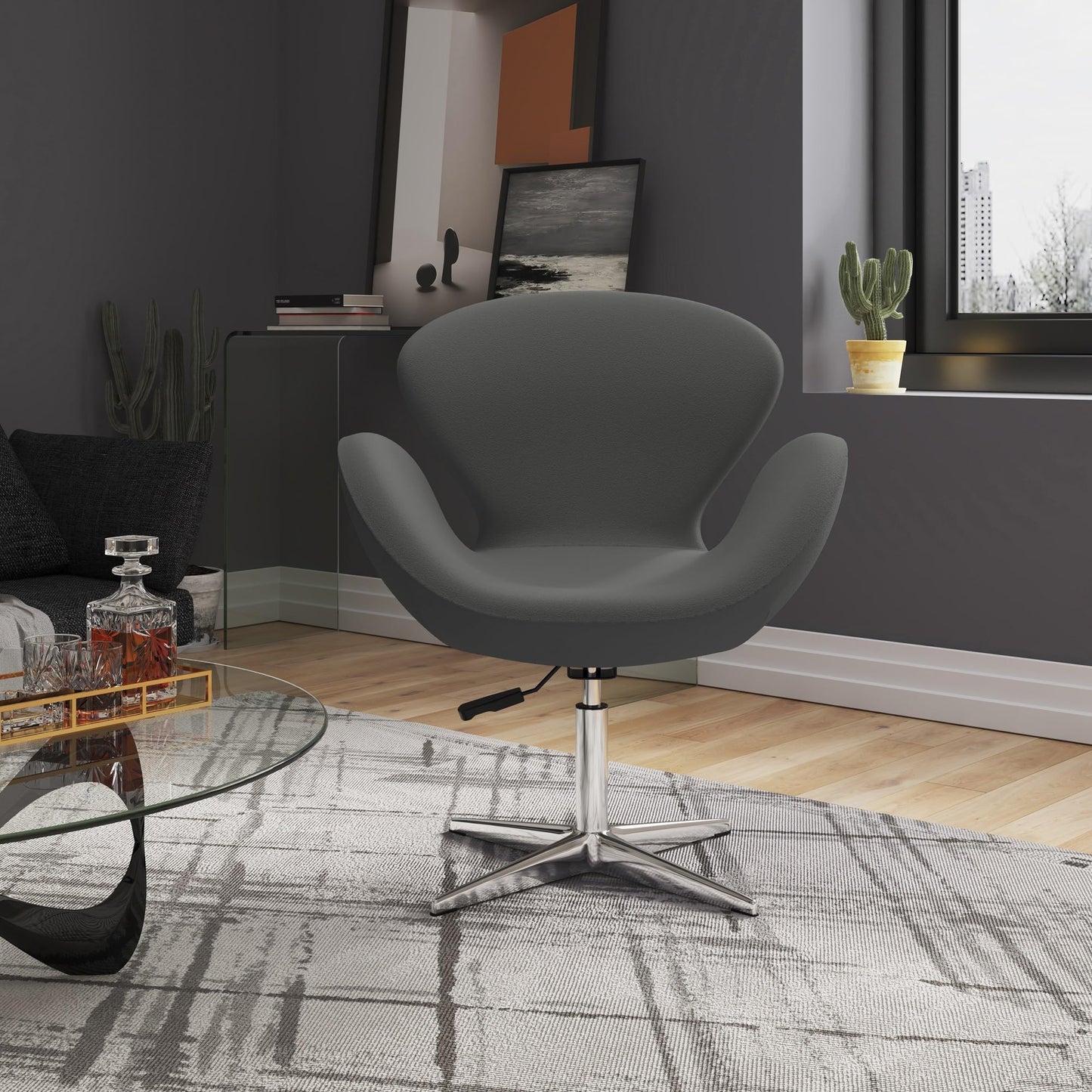 Manhattan Comfort Raspberry Adjustable Swivel Accent Chair with 360° Turn, Polished Chrome Base, Modern Retro Design, Versatile Seat Ideal for Any Room, Set of 2, Grey