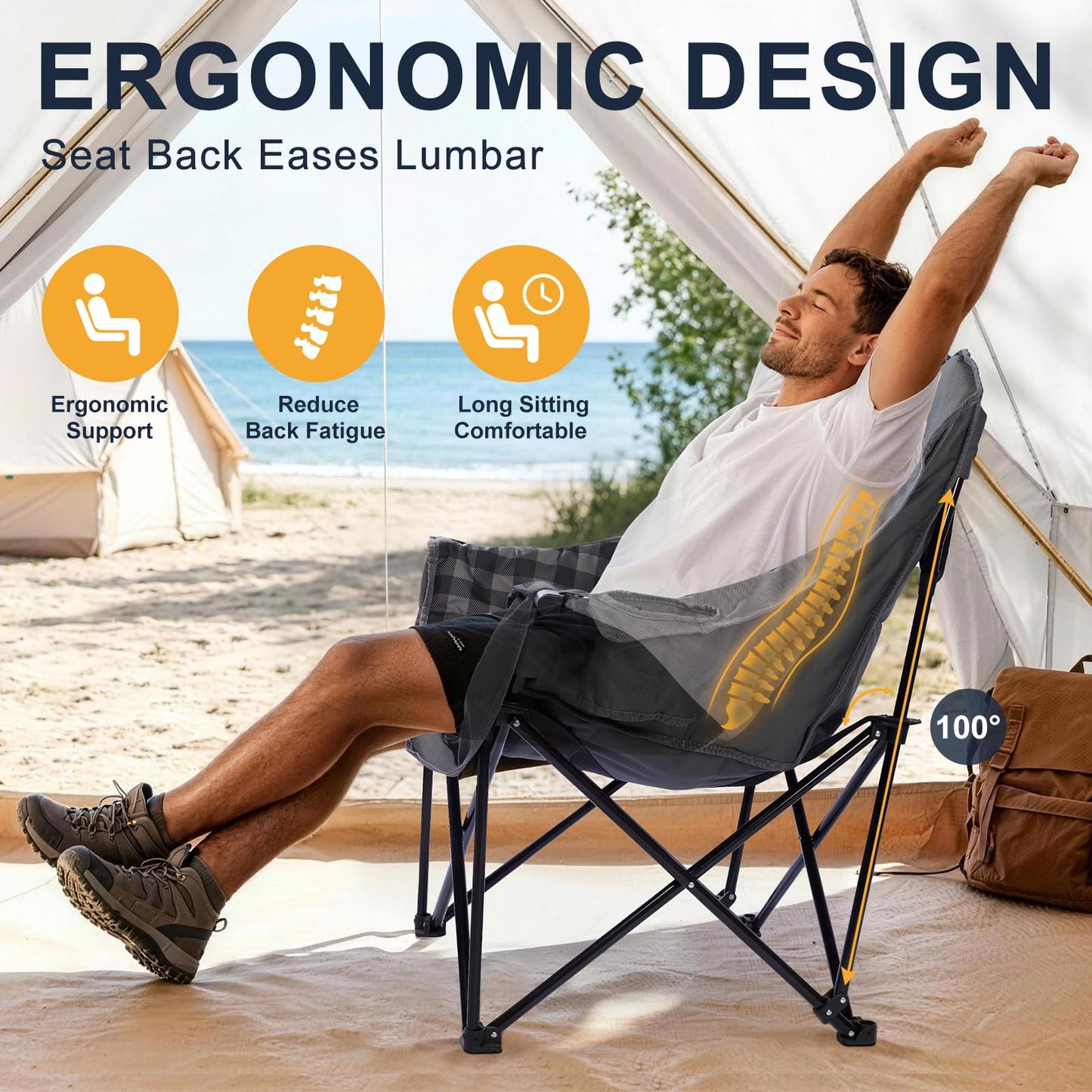 Oversized Camping Chairs for Adult - Heavy Duty Padded Portable Folding Chair XL Collapsible Camp Chair with Cup Holder Side Pocket for Outdoor Lawn Beach Sport Fishing Support 500LBS, Plaid 2 Pack