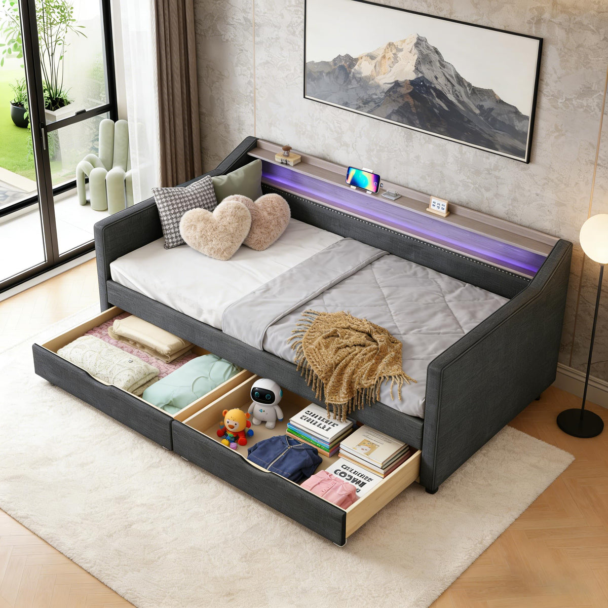 FAVSH Upholstered Daybed with Two Drawers and 2-Tier Storage Shelf, Twin Size Day Bed with USB & LED Light for Bedroom Apartment, Dark Grey