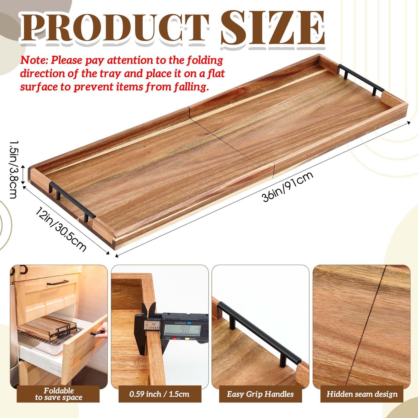 Teenyyou 36"x 12" Extra Large Ottoman Tray with Handle Acacia Wooden Charcuterie Board Serving Cheese Boards Tray Oversized Coffee Table Rectangle Supplies for Tea Kitchen Food Beverage Fruit Snack