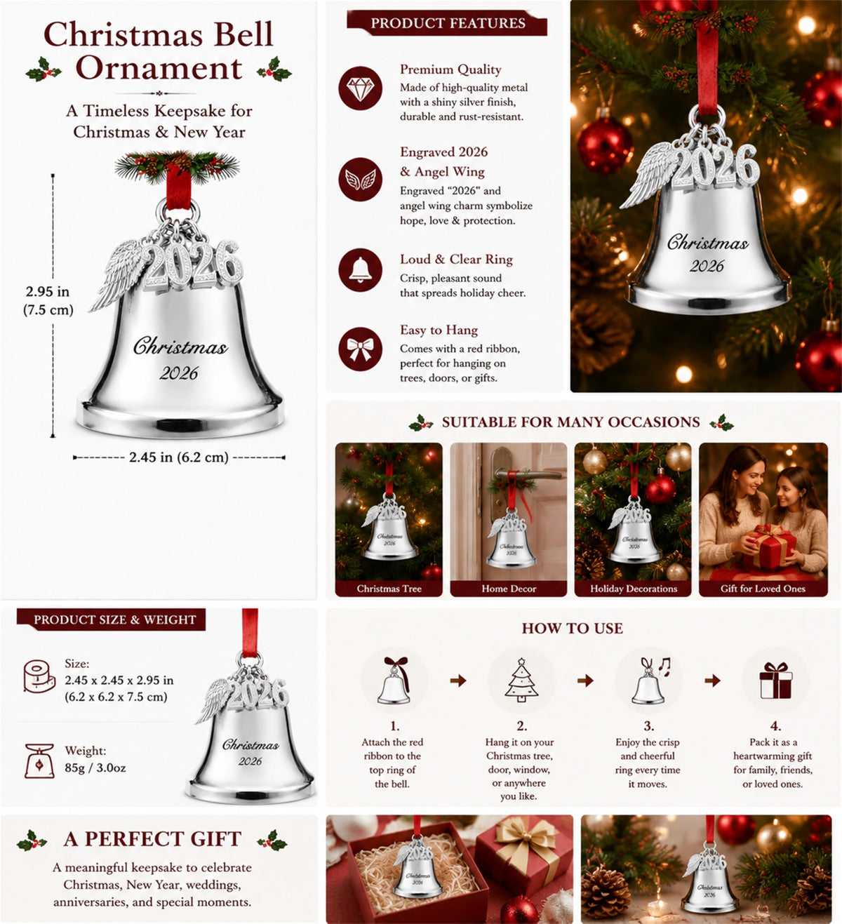 FKOG Silver 2026 Christmas Bell & Sleigh Bell Ornament with Angel Wings Wedding Anniversary Newlywed Married Memories Decoration Gifts (2026 Christmas Bell and Sleigh Bell)