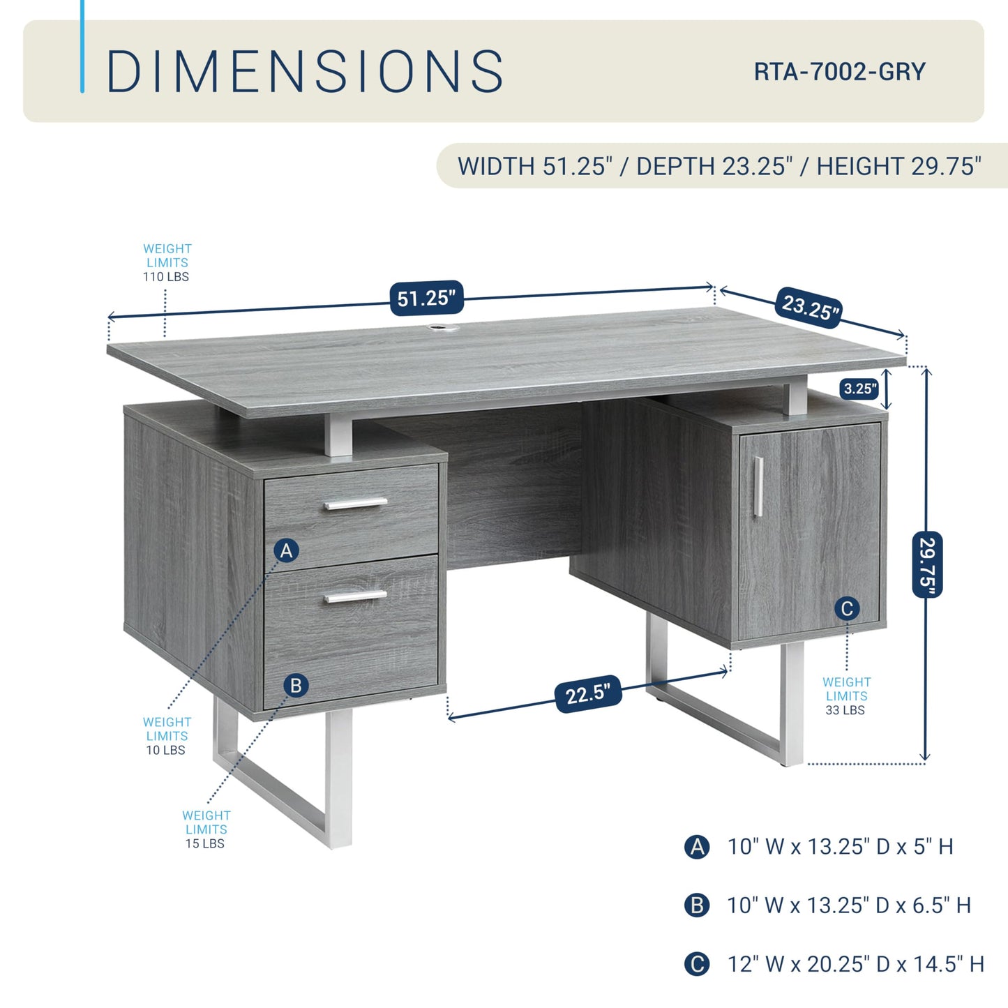 Techni Mobili Modern Office Desk with Storage, Gray