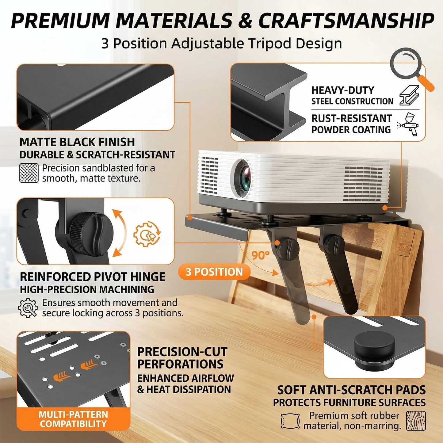 Egula No Drill Projector Mount Shelf, 11.81 x 9.45 Inch Metal Projector Wall Mount for Bedside and Sofa, Adjustable Angle Foldable Projector Holder with Ventilated Design for Living Room