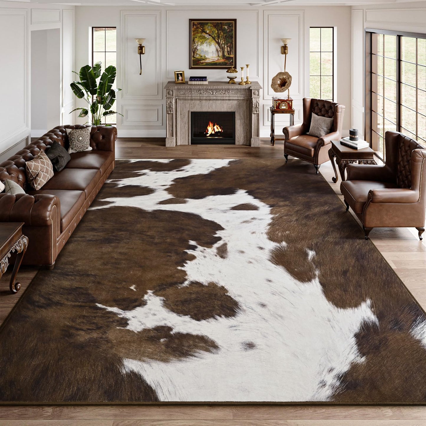 DweIke Cow Print Rug 5x7 – Brown Faux Cowhide Rugs, Washable Soft Non-Slip Stain Resistant Animal Cow Hide Carpet for Living Room Bedroom Dining Room Office, Western Home Decor