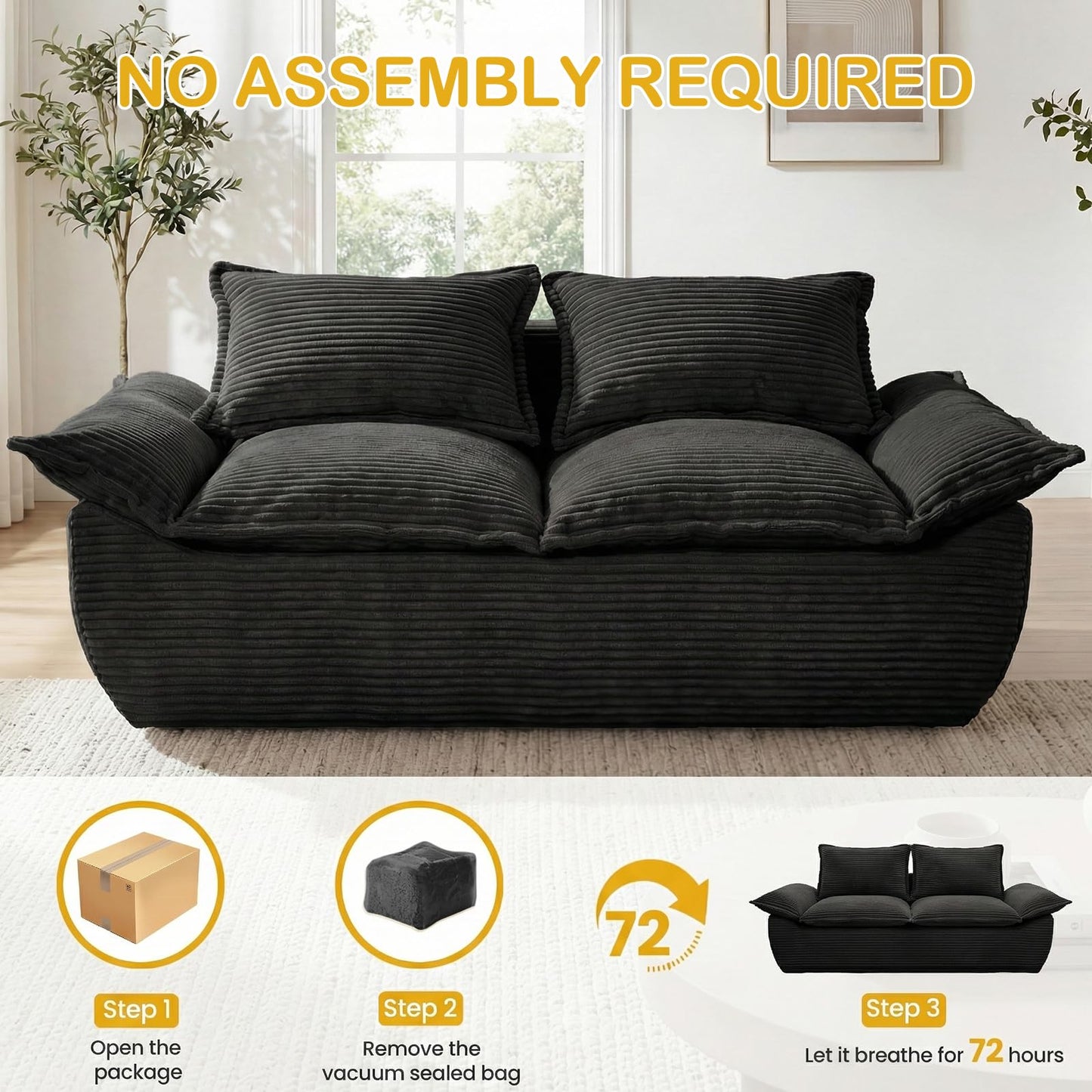 AOLVDOW 56" Boneless Loveseat Sofa, 2-Seater Black Boneless Sofa with Removable Cushions & 2 Pillows, Small Couch Boneless Compress Foam Sofa for Living Room, Apartments, & Office