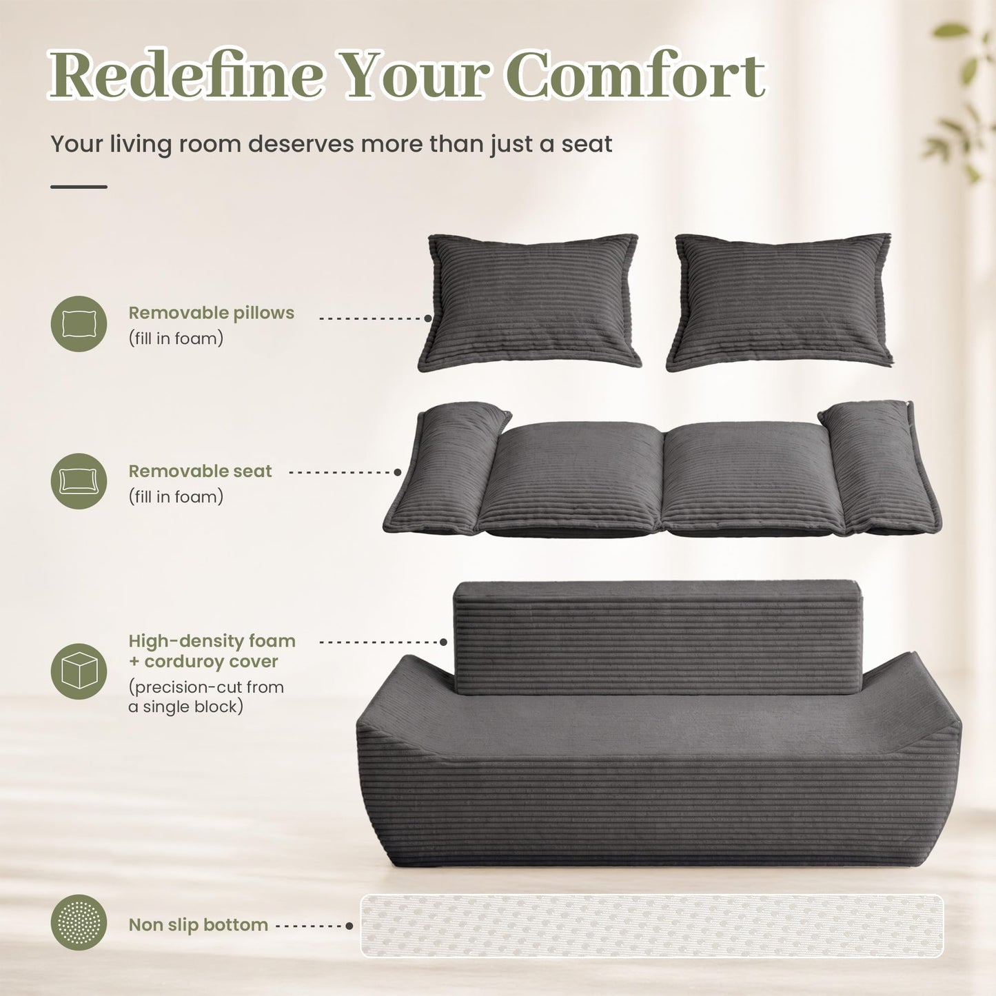 JUIKURY 55" Convertible Corduroy Sofa Bed, Boneless Foldable Loveseat Sleeper Couch, Compressed Foam Floor Sofa with Removable Cushions & Pillows for Small Space Living Room