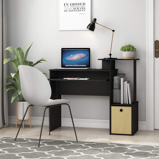 Furinno Econ 40-Inch Black Computer Desk Side Shelves, Office Desk with Keyboard Tray and Storage Bins, Rectangular Gaming Desk for Home Office, Bedroom, Study Room, Classic Black