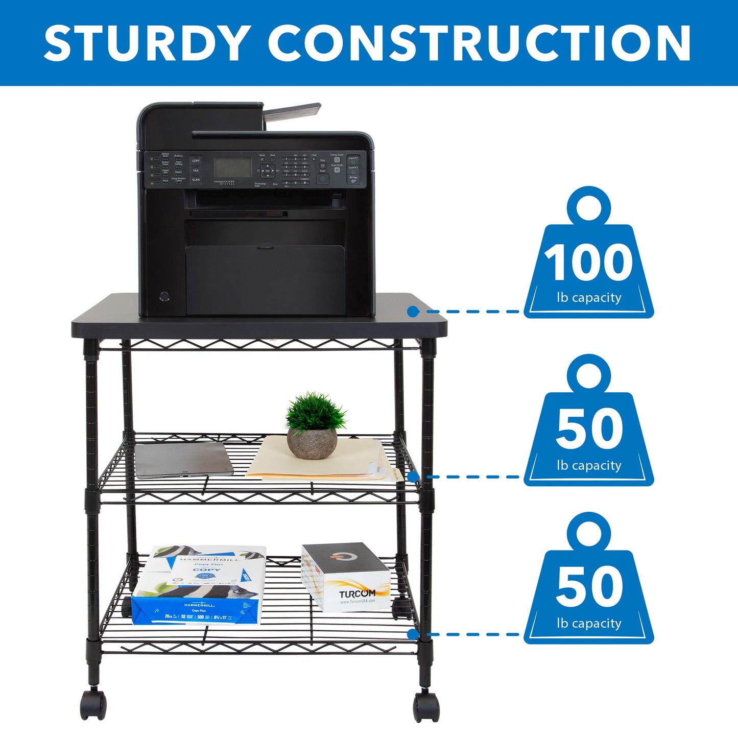 Mount-It! Printer Stand With Wheels | 3-Tier Large Printer Cart With Storage Shelves For 3D & Laser Printer, Scanner, Heat Press | Rolling Metal Utility Table For Home and Office Use, 200 Lbs Capacity