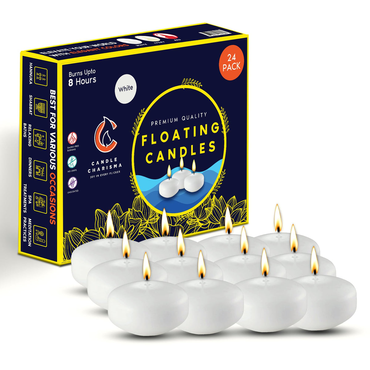 Candle Charisma White Floating Candles 3 Inch (Set of 24) – 8-Hour Dripless, Smokeless Burn with Natural Flickering Flame – Perfect for Weddings, Centerpieces, Pool Nights & Special Events