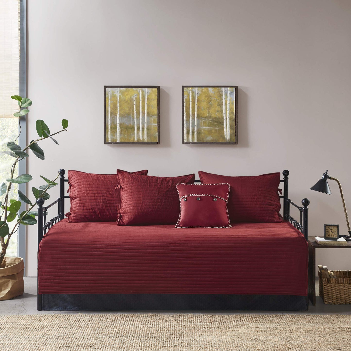 Madison Park Daybed Cover Double Sided Quilting Casual Design All Season Bedding Set with Bedskirt, Matching Shams, Decorative Pillow, 75 in x 39 in, Ridge, Plaid Red