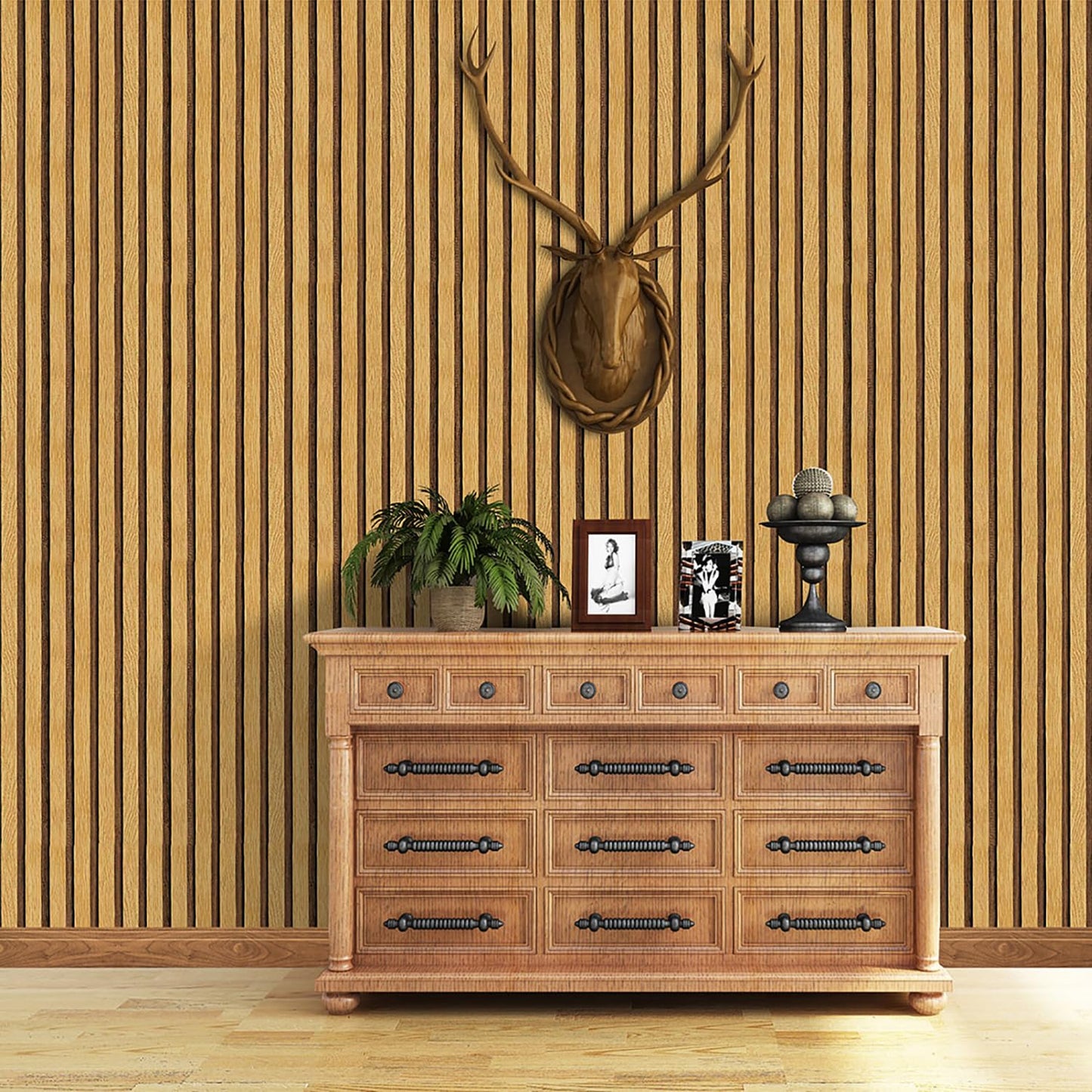 Mfnyzsem Wood Slat Wallpaper - 17.7"x118.1" Self-Adhesive Faux Wood Panel Peel and Stick Wallpaper Waterproof Vinyl Removable Wall Paper for Bathroom Living Room Bedroom Accent Wall, Tan
