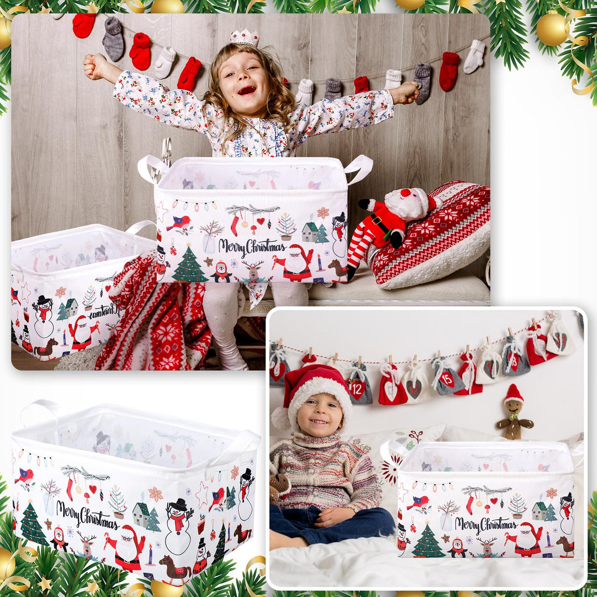 Maxcheck 6 Pcs Large Christmas Basket for Gifts Empty Foldable Xmas Gift Basket Rectangle Christmas Santa Present Storage Bin Fabric Cubes Containers Boxes with Handles for Present Cloth Toy