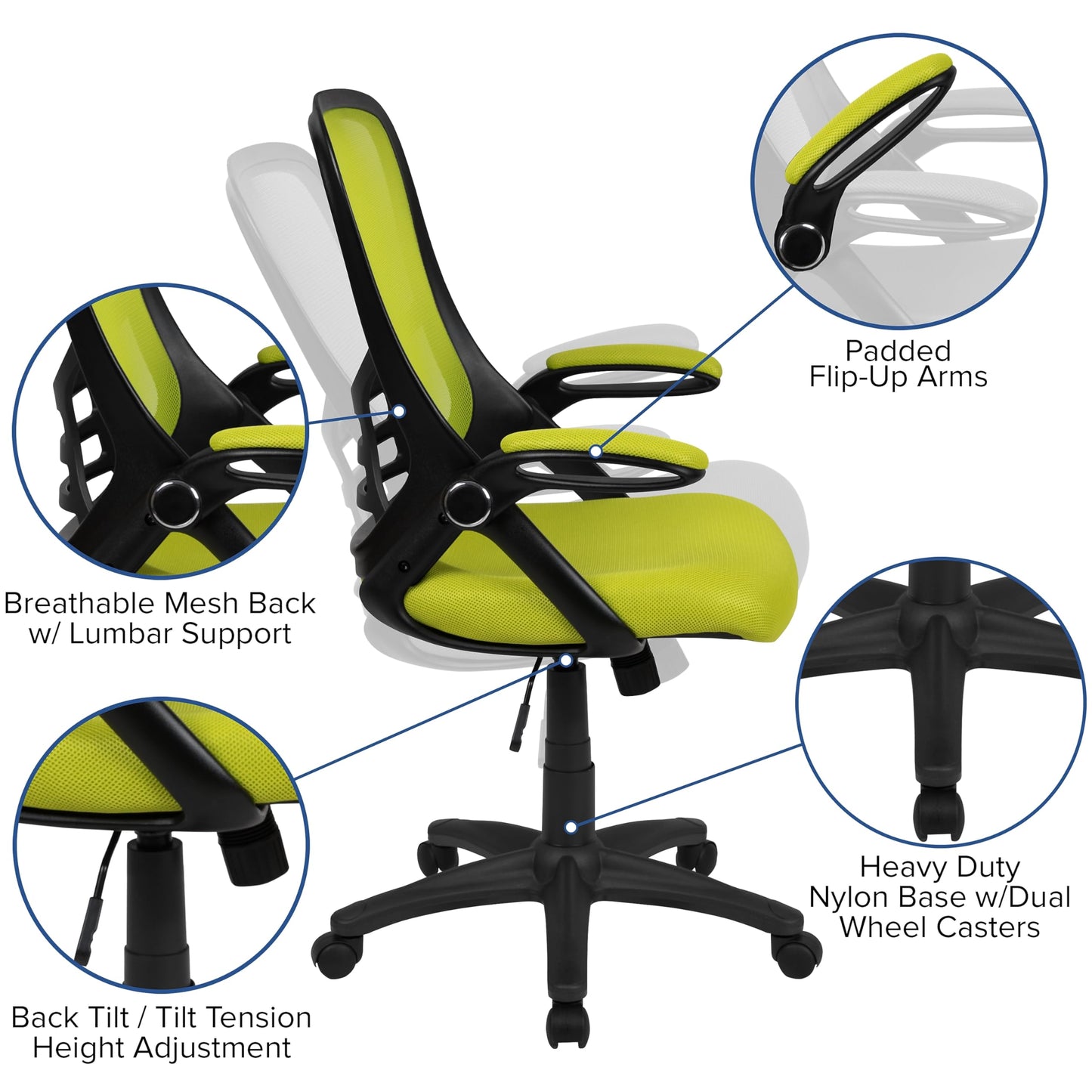 Flash Furniture Porter Mesh High Back Ergonomic Swivel Office Chair with Lumbar Support, Flip-Up Arms, Tilt Lock/Tilt Tension, Height Adjustable, Black/Green Frame