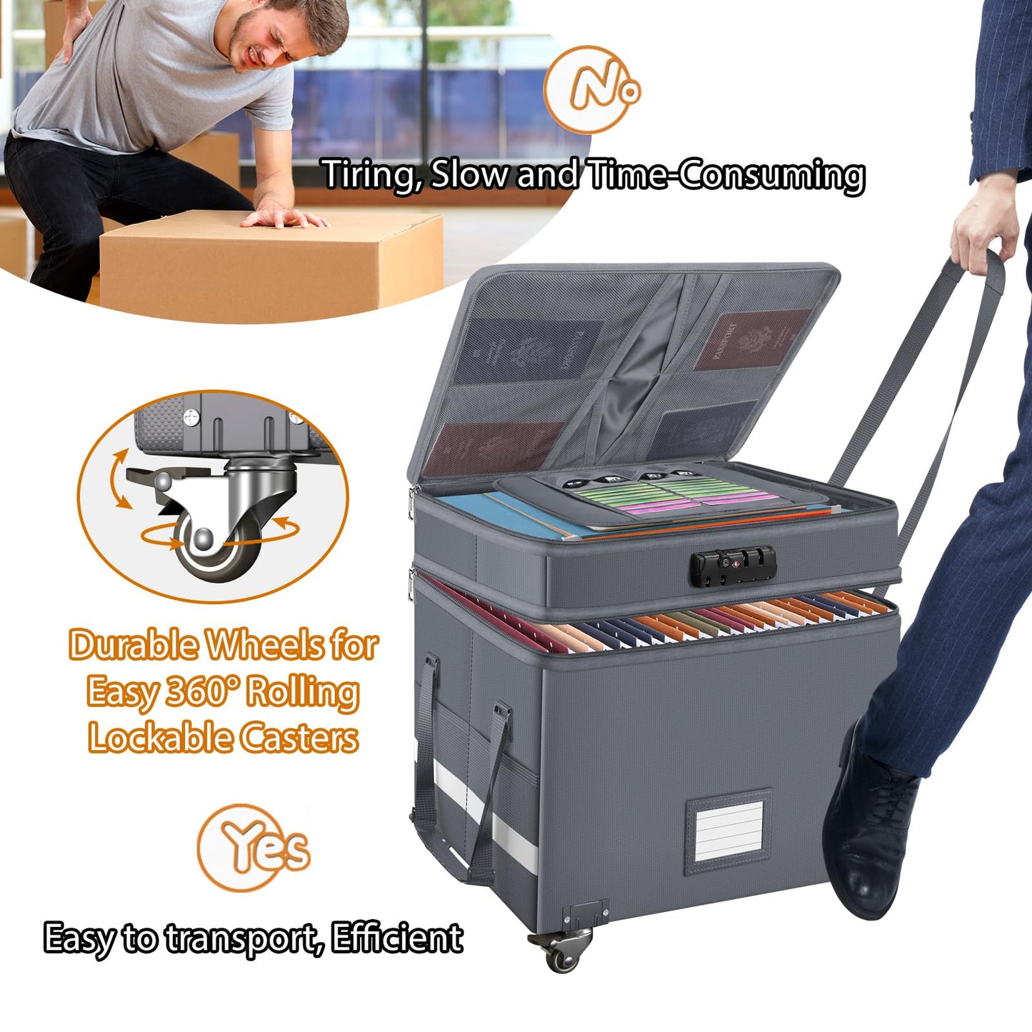 DocSafe Fireproof Document Box with Lock,2-Layer File Box with Wheels,Collapsible File Storage Organizer with Pockets,Large Portable Office Filing Cabinet for Hanging Folders,Gray,16''x13.8''x12.2''