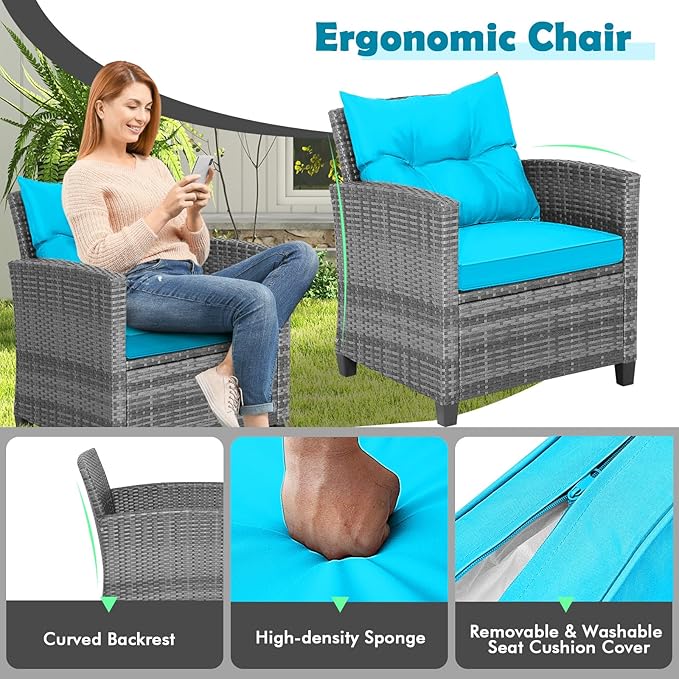 COSTWAY 3PCS Patio Furniture Set, PE Rattan Wicker Sofa w/Washable Cushion and