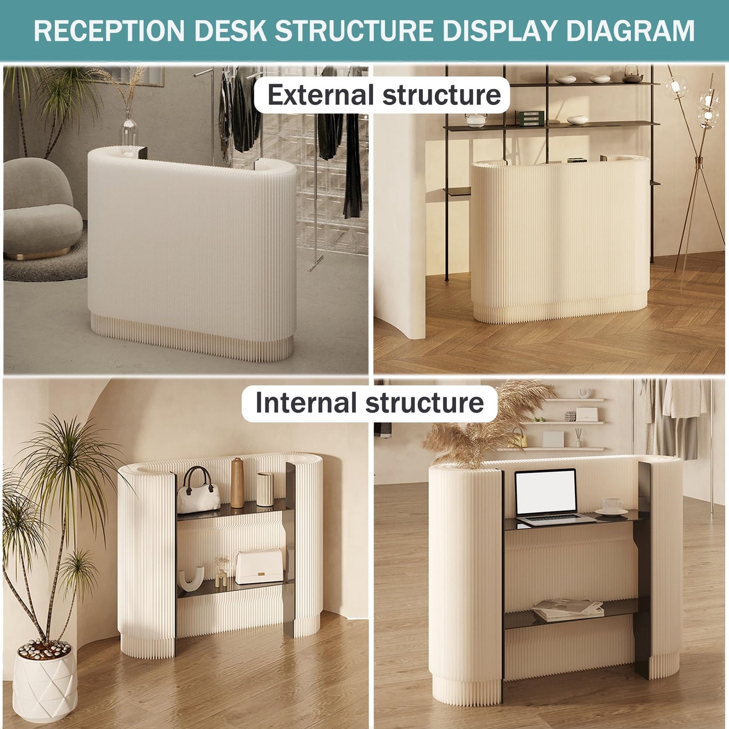 POLGDW Modern Reception Desk,Retail Checkout Counter Desk Receptionist Table,for Craft Shows,Display Rack,for Small Spaces,Bar,Store,Hotel,Lobby,Front Office Desk,Curved Portabl