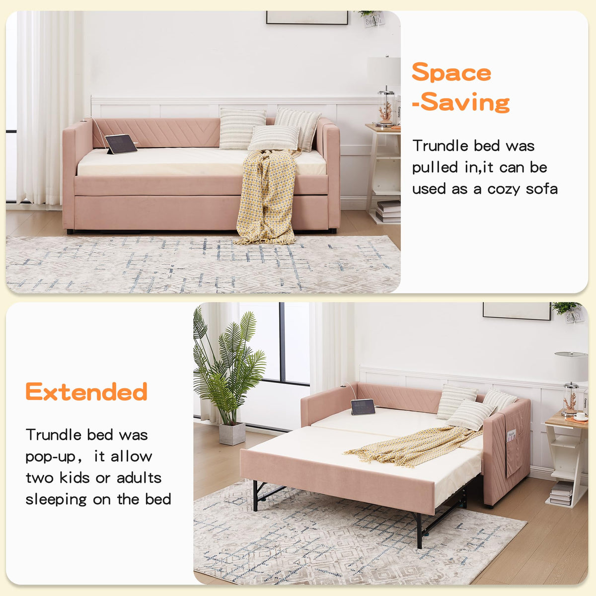 DNYN Velvet Daybed with Pop-up Trundle and USB Ports for Bedroom/Guest/Living Room, Space-Saving Twin Size Bed Frame with Side Pockets and V-Grained Backrest Design, No Box Spring Needed
