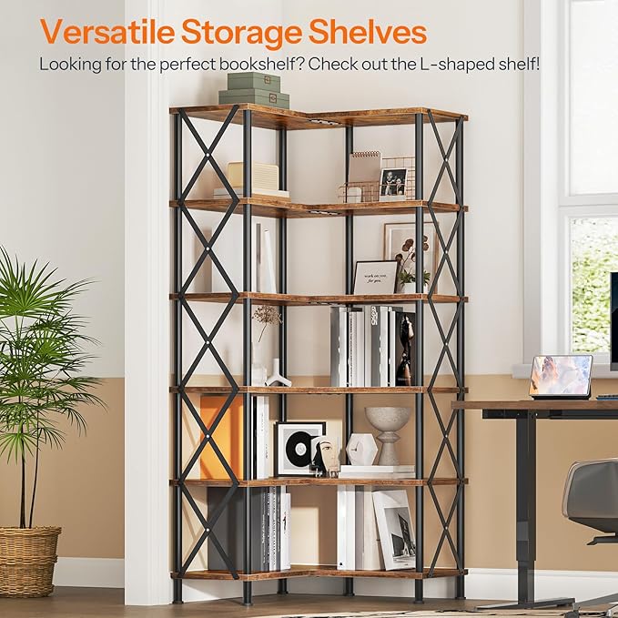 HOOBRO Corner Bookshelf, 6-Tier L-Shaped Bookcase, Industrial Open Display