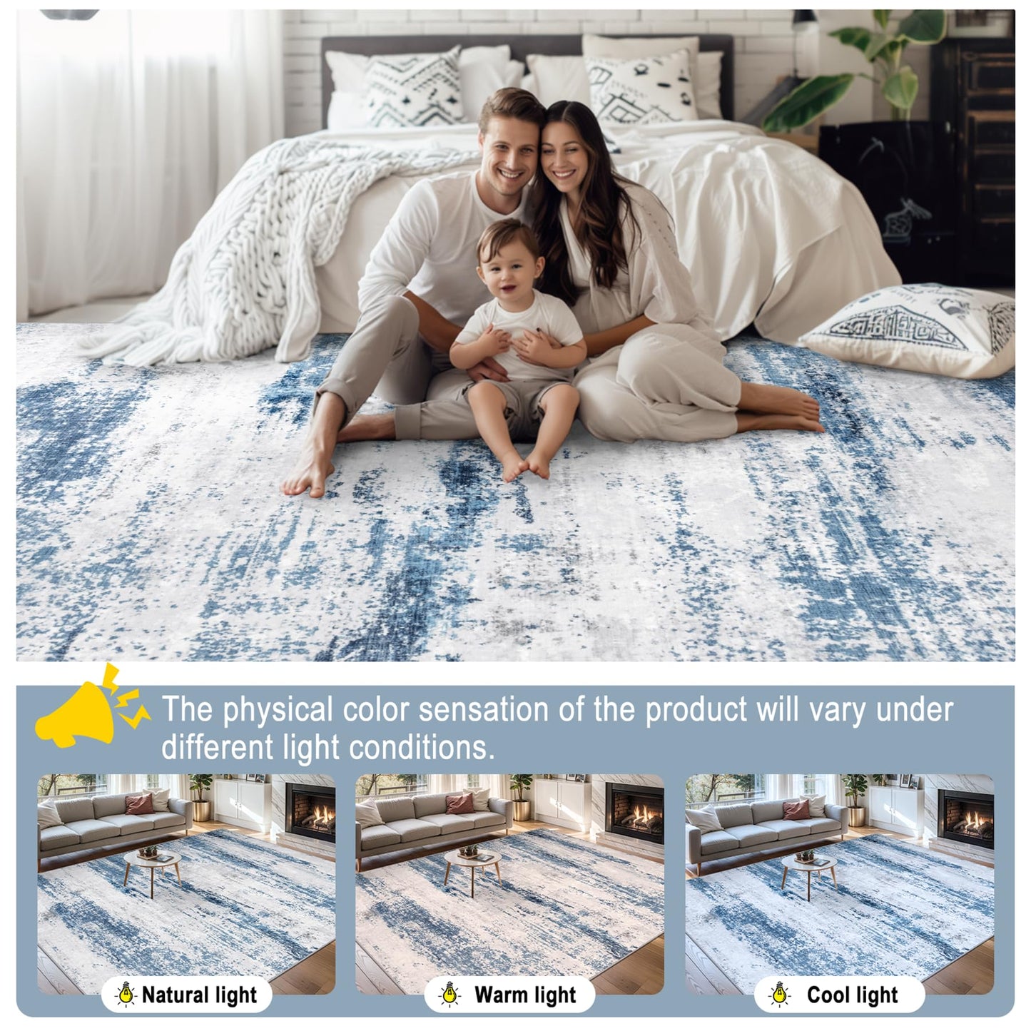 8x10 Area Rugs for Living Room - Washable Rug Modern Abstract Soft Large Neutral Non-Slip Carpet Indoor Floor Thin Carpets for Bedroom Dining Room Farmhouse Nursery Home Office White Blue Grey
