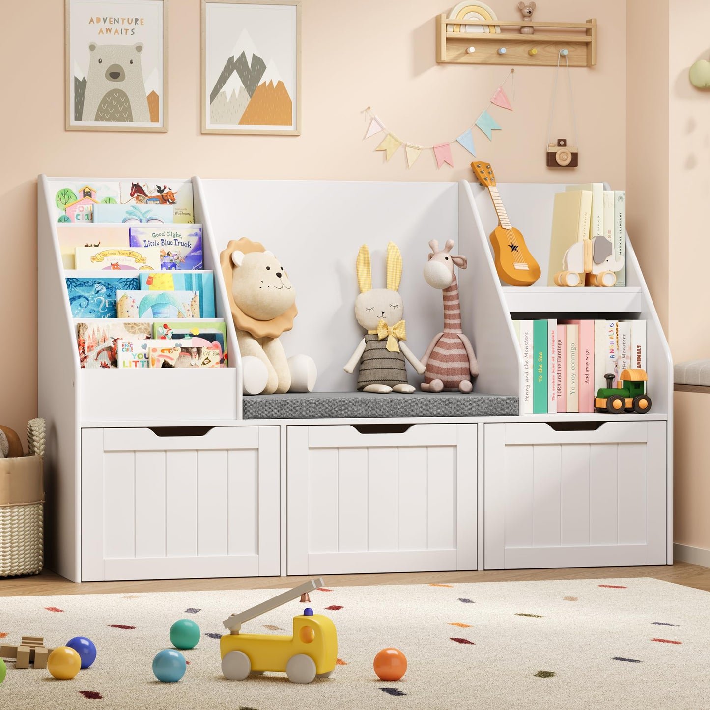Gizoon Kids Toy Storage Organizer with Reading Nook, Kids Bookshelf with 3 Movable Drawers, Kids Reading Nook with Bench for Kidsroom Playroom and Bedroom, White, Painted