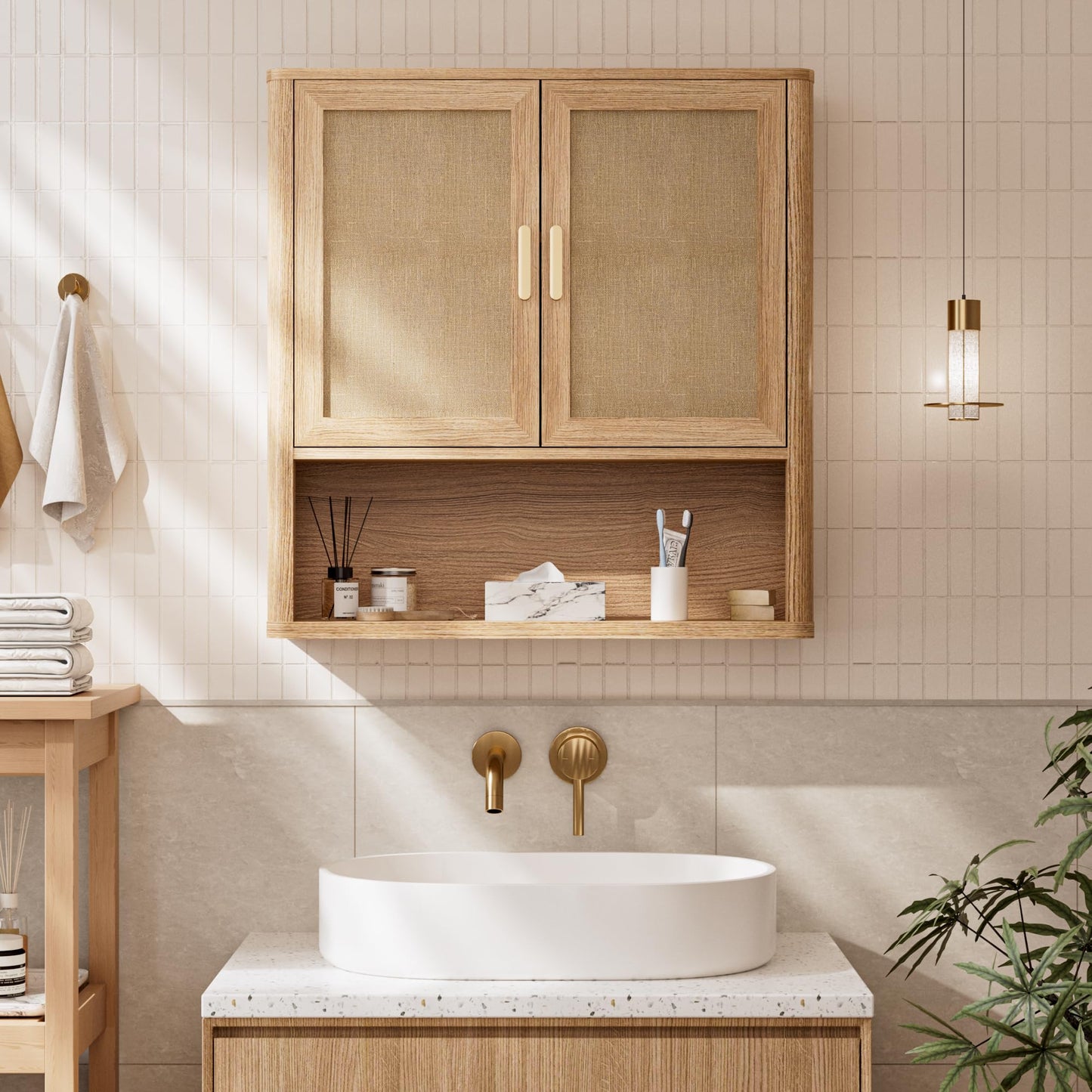 INNOD Rattan Bathroom Wall Cabinet with Open Compartments, Wall-Mounted Medicine Cabinet with Adjustable Wood Shelf & Doors, Over the Toilet Storage Cabinet for Laundry Room & Kitchen & Living Room