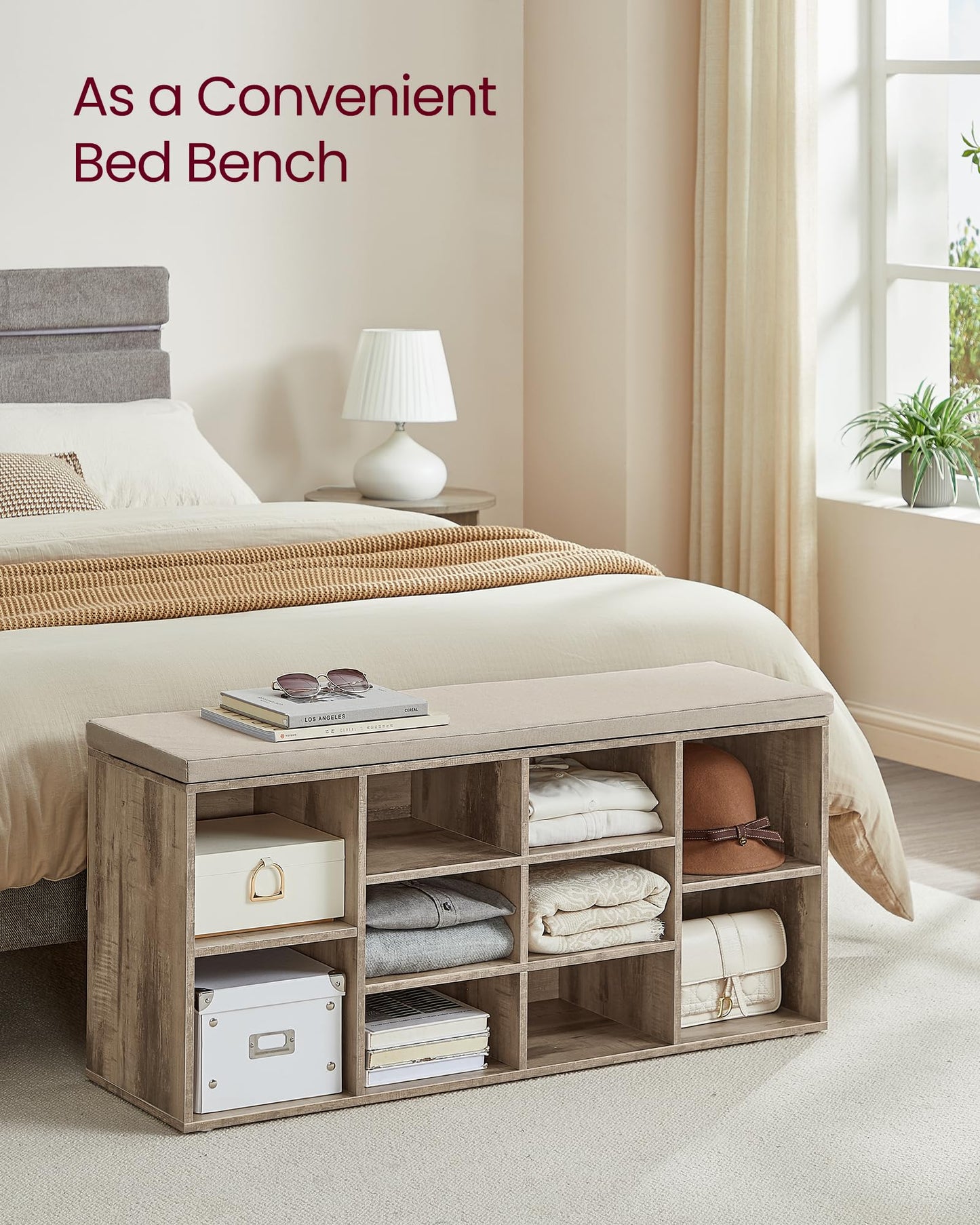 VASAGLE CUSTOS Collection - Shoe Bench, Storage Bench with Padded Seat, Entryway Bench with 10 Compartments, for Bedroom, 11.8 x 40.9 x 18.9 Inches, Camel Brown and Cappuccino Beige ULHS010K02