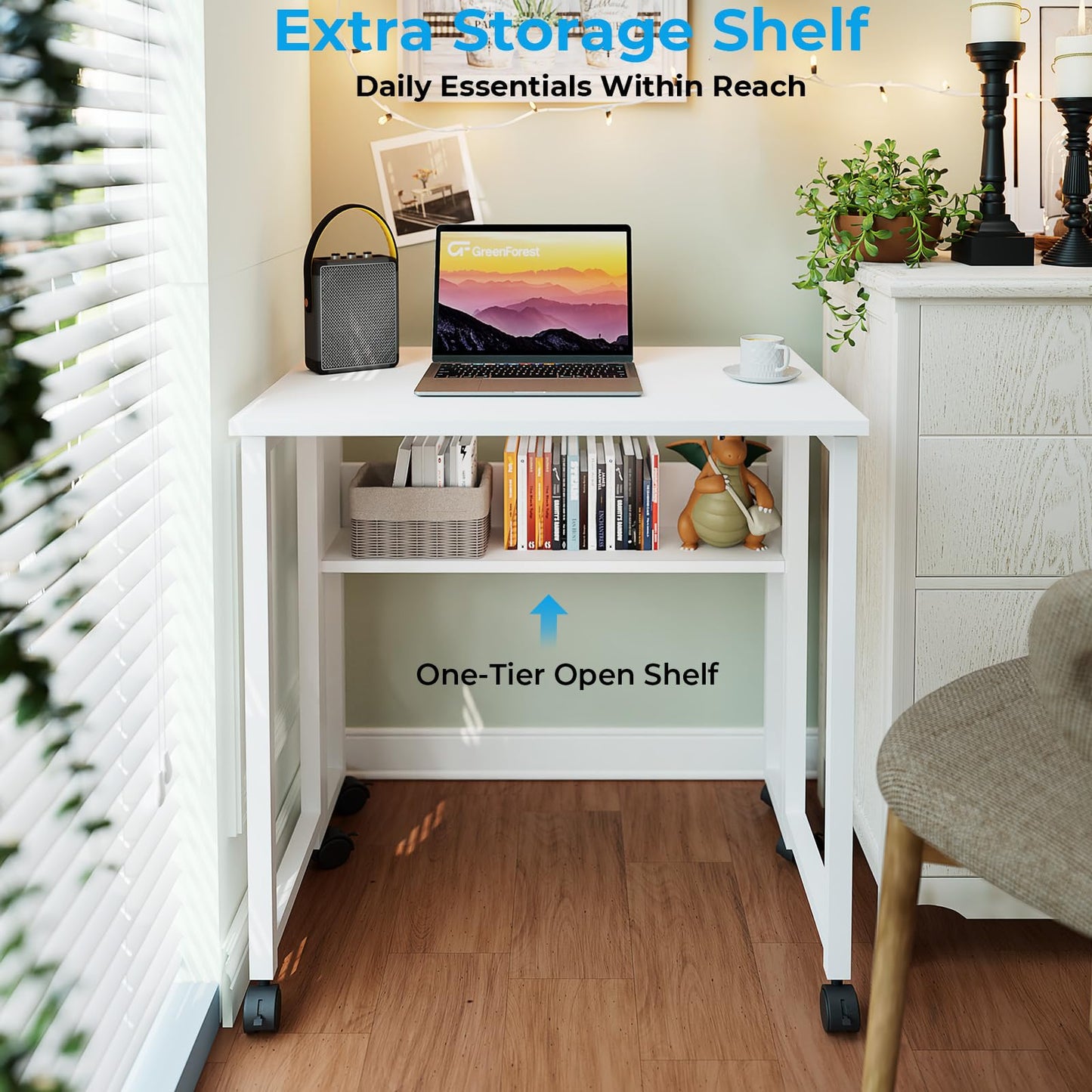 GreenForest Folding Desk with Wheels, 24.8 Inch Compact Rolling Computer Table with Storage Shelf, Portable Mobile Workstation for Small Spaces, Easy Assembly, Pure White
