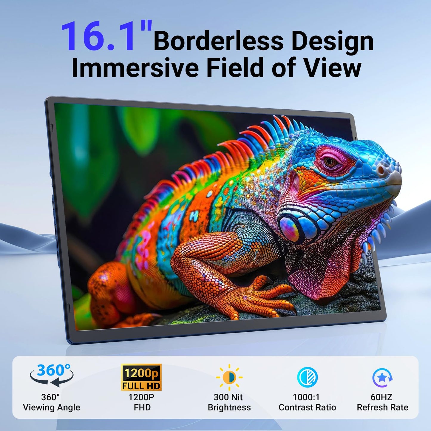 Ygretyrjh 16.1" Laptop Screen Extender, 1200P FHD Portable Monitor for Laptop, 360° Rotating, Plug & Play, Detachable Stand, Height Adjustable, Seamless Frame, Travel Monitor for Mac/OS/Win/Chrome/Dex