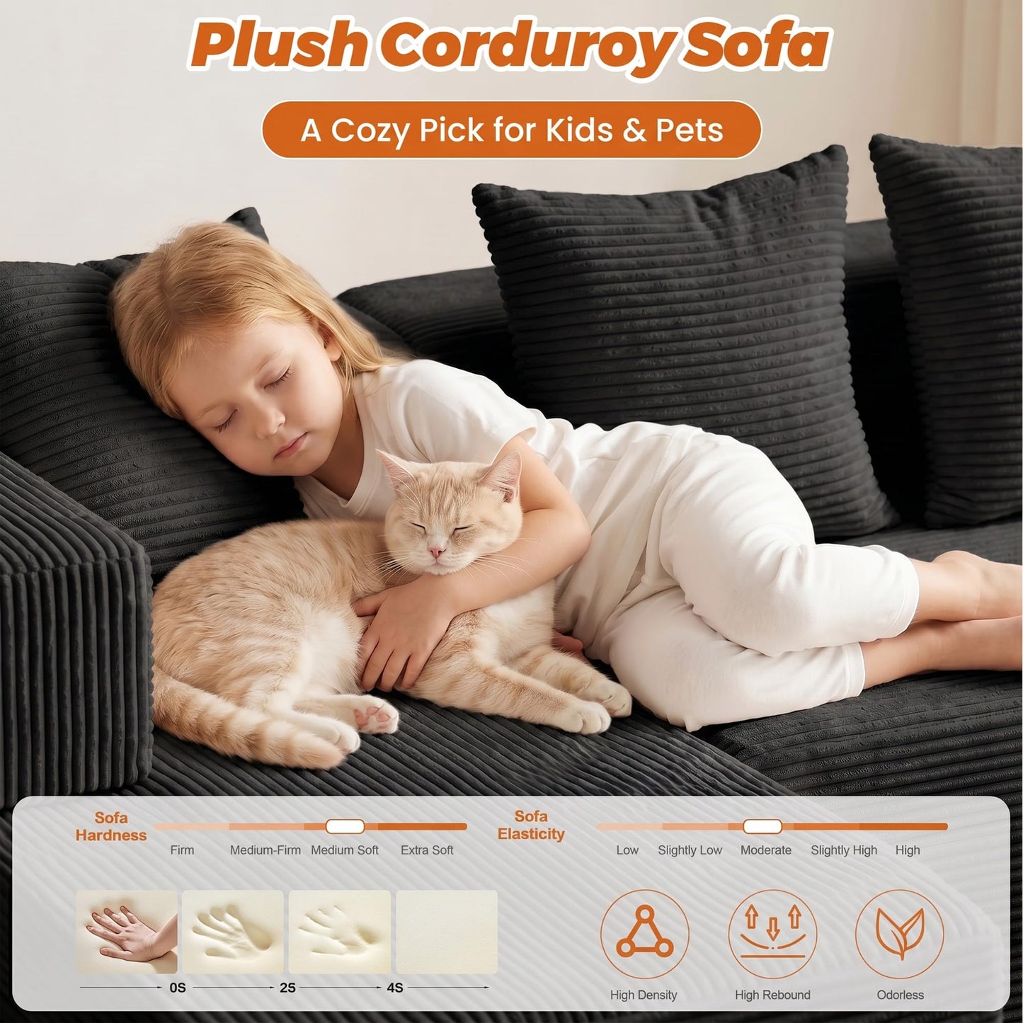 6-in-1 Boneless Couches Modular Sectional Sofa | Cloud Couch Sectional & Tri-Folding Mattress | Corduroy Pet-Friendly Convertible Sofa Bed with 800LB Capacity Living Room, Apartment, Guest Room