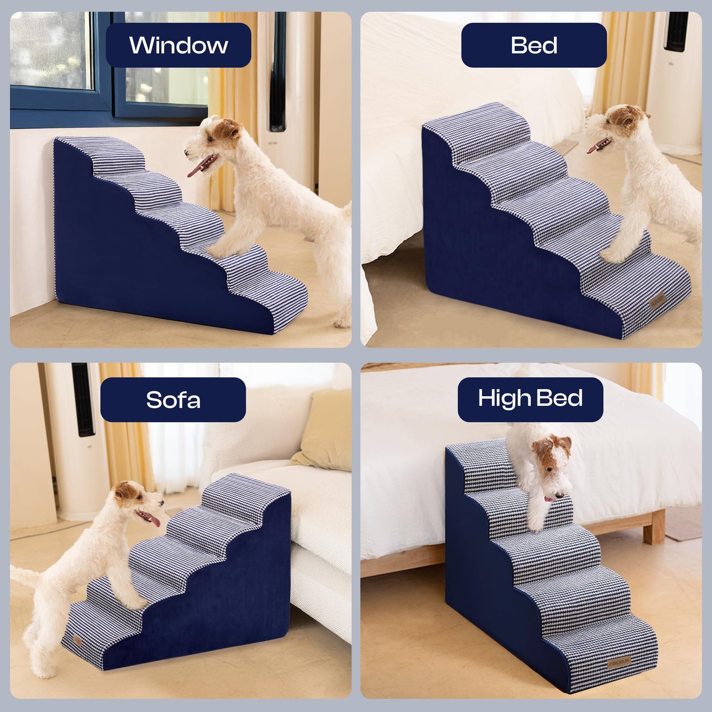 Curved Dog Stairs for High Bed Up to 26", 5-Step Dog Ramp for Small Dogs with Washable Cover, Non-Slip Steps for Cats to Get on Couch and Sofa, Durable Foam Ladder for Medium Breeds, White Navy